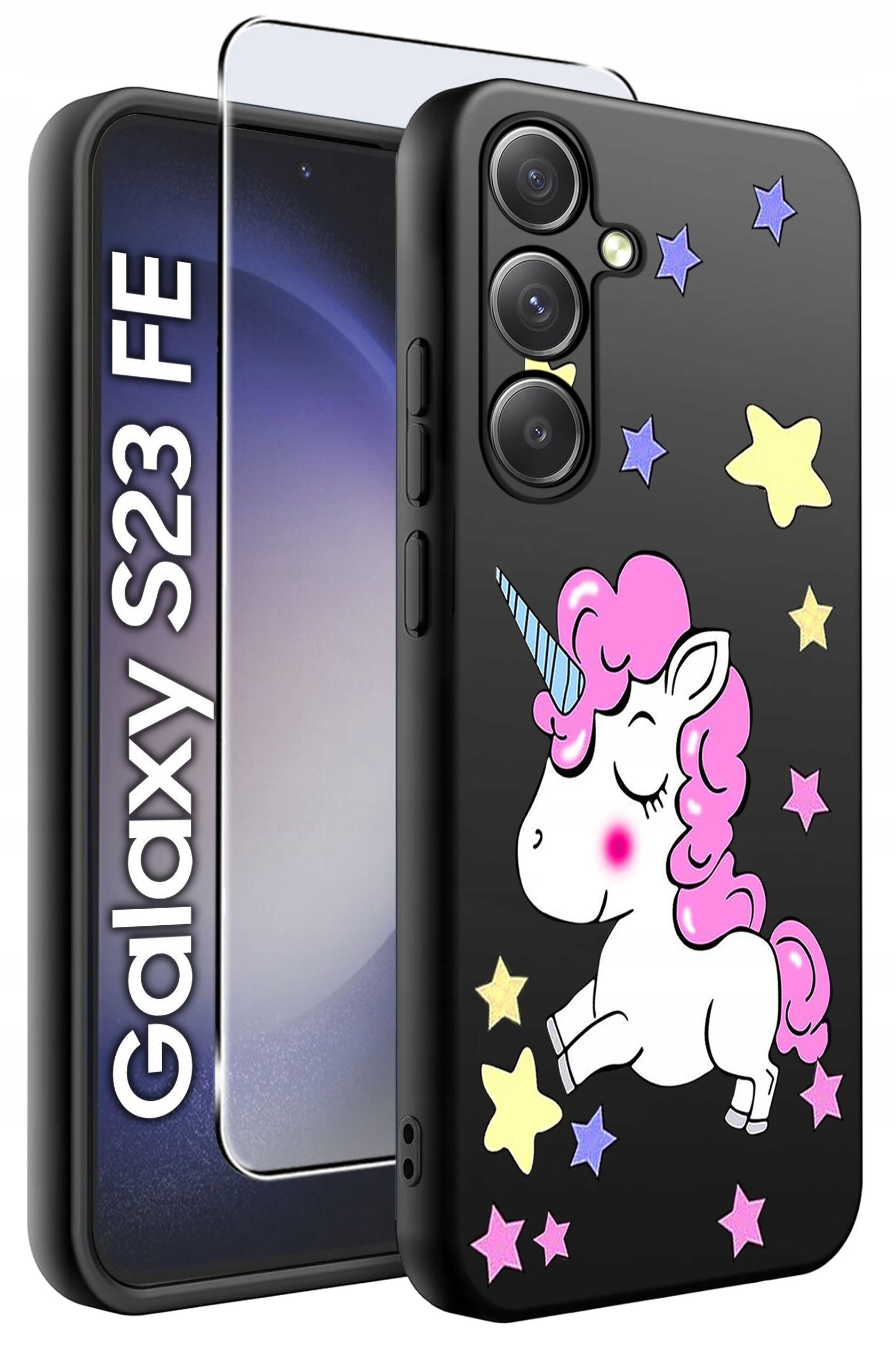 Etui na telefon z motywem jednorożca i kolorowymi gwiazdkami, obok widoczny napis \'Galaxy S23 FE\'.