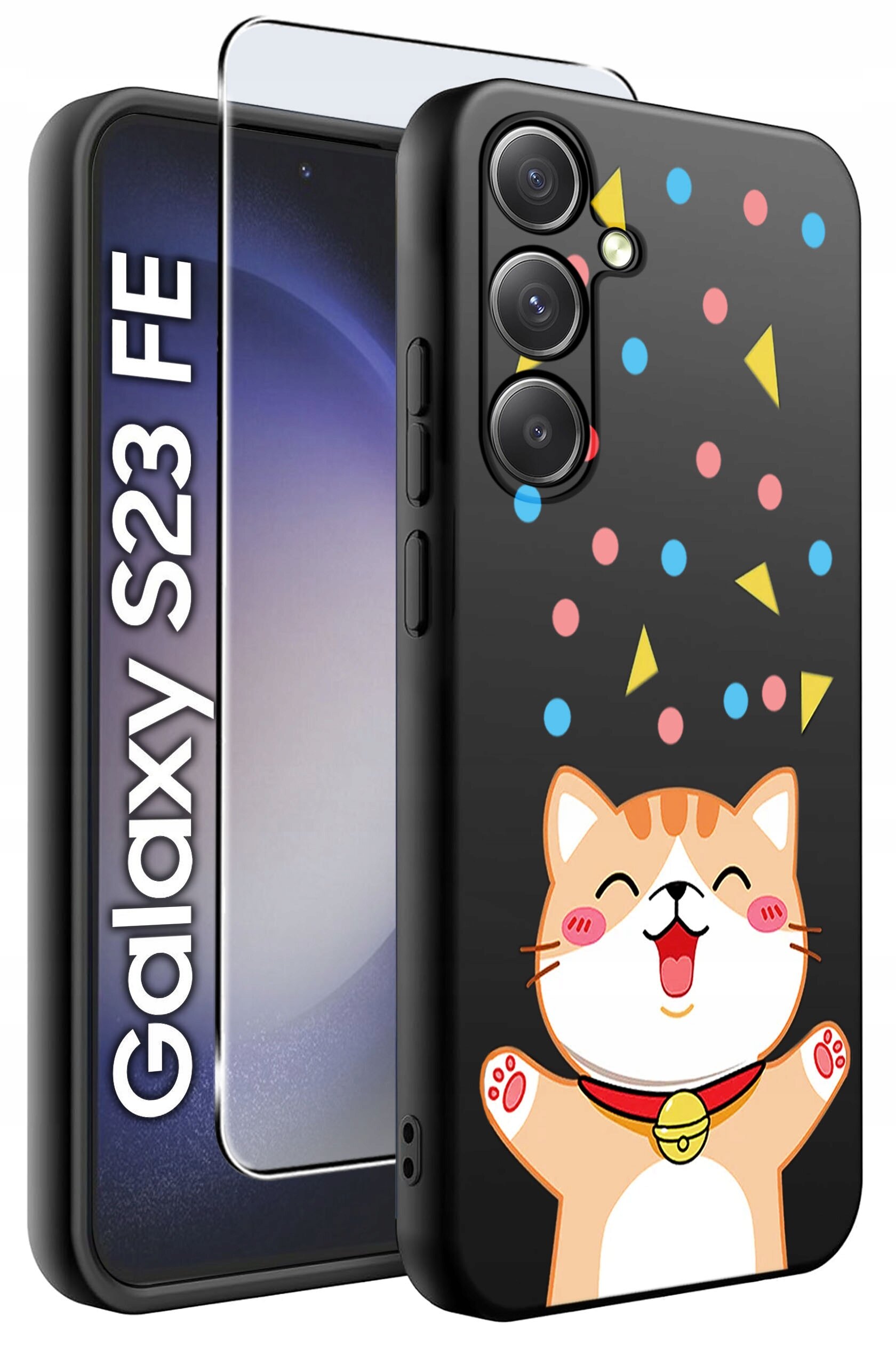 Etui na telefon z grafiką przedstawiającą uśmiechniętego kota oraz kolorowe kropki i trójkąty. Obok etui widoczny jest napis \'Galaxy S23 FE\' oraz szkło ochronne.