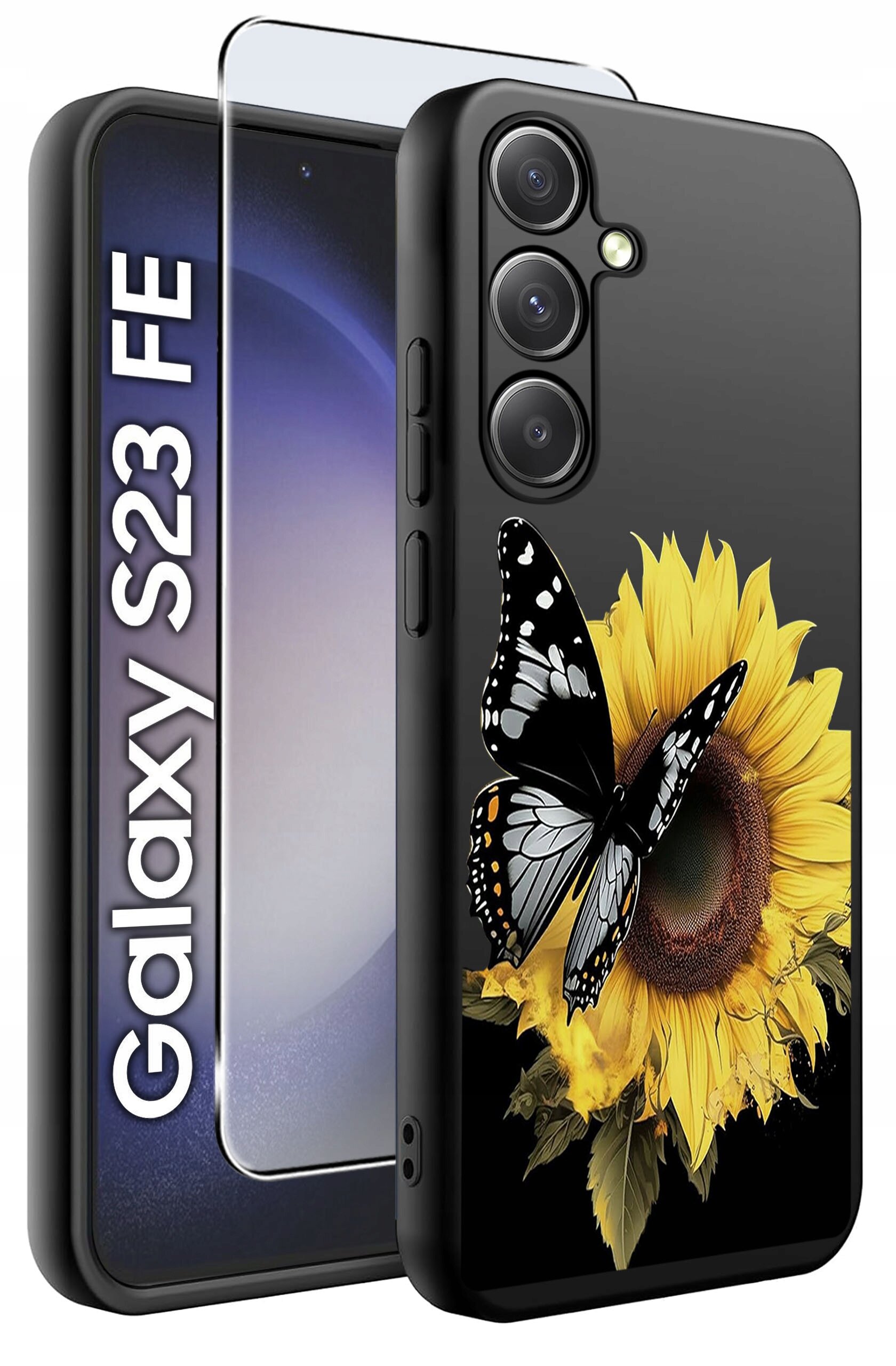 Etui na telefon z motywem słonecznika i motyla, obok którego znajduje się szkło ochronne. Widoczny napis: \'Galaxy S23 FE\'.