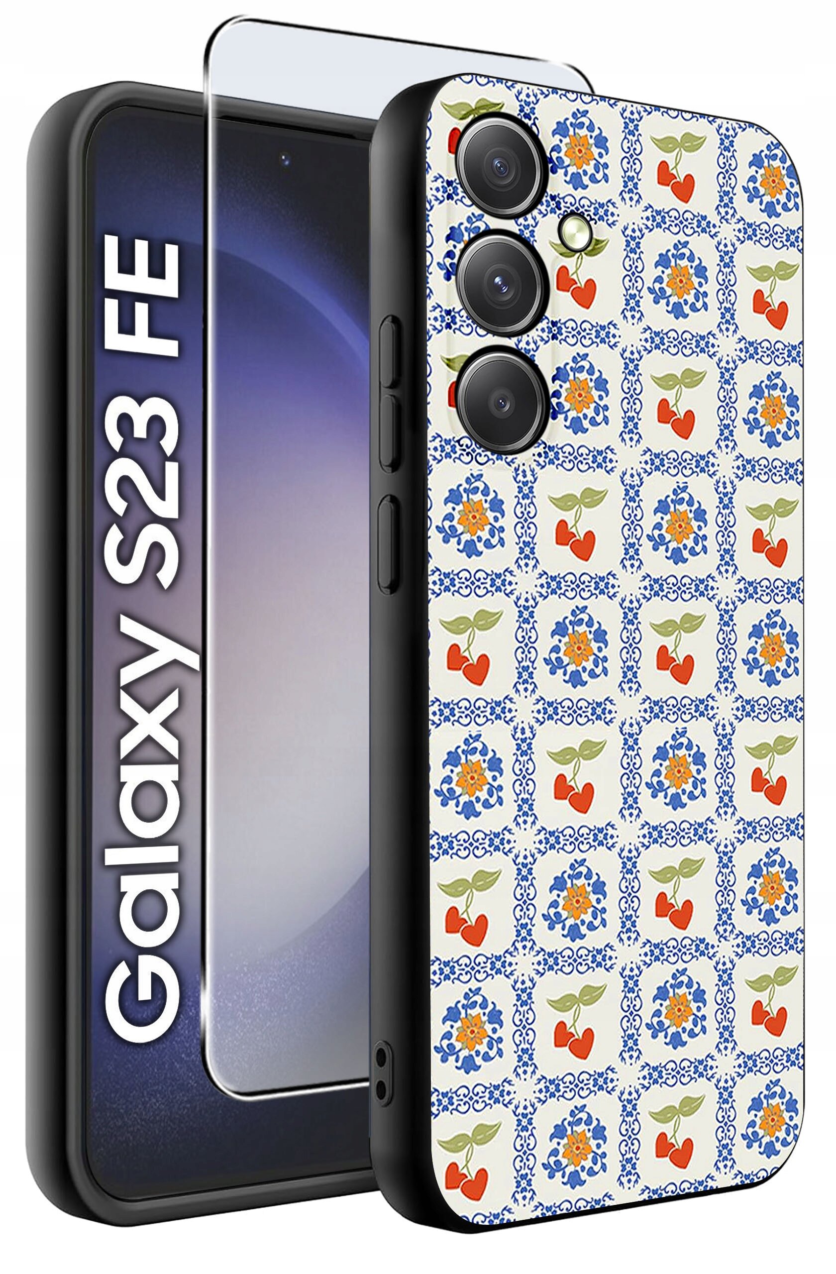 Etui do telefonu z kolorowym wzorem kwiatów i owoców, obok którego znajduje się szkło ochronne. Widoczny napis: \'Galaxy S23 FE\'.