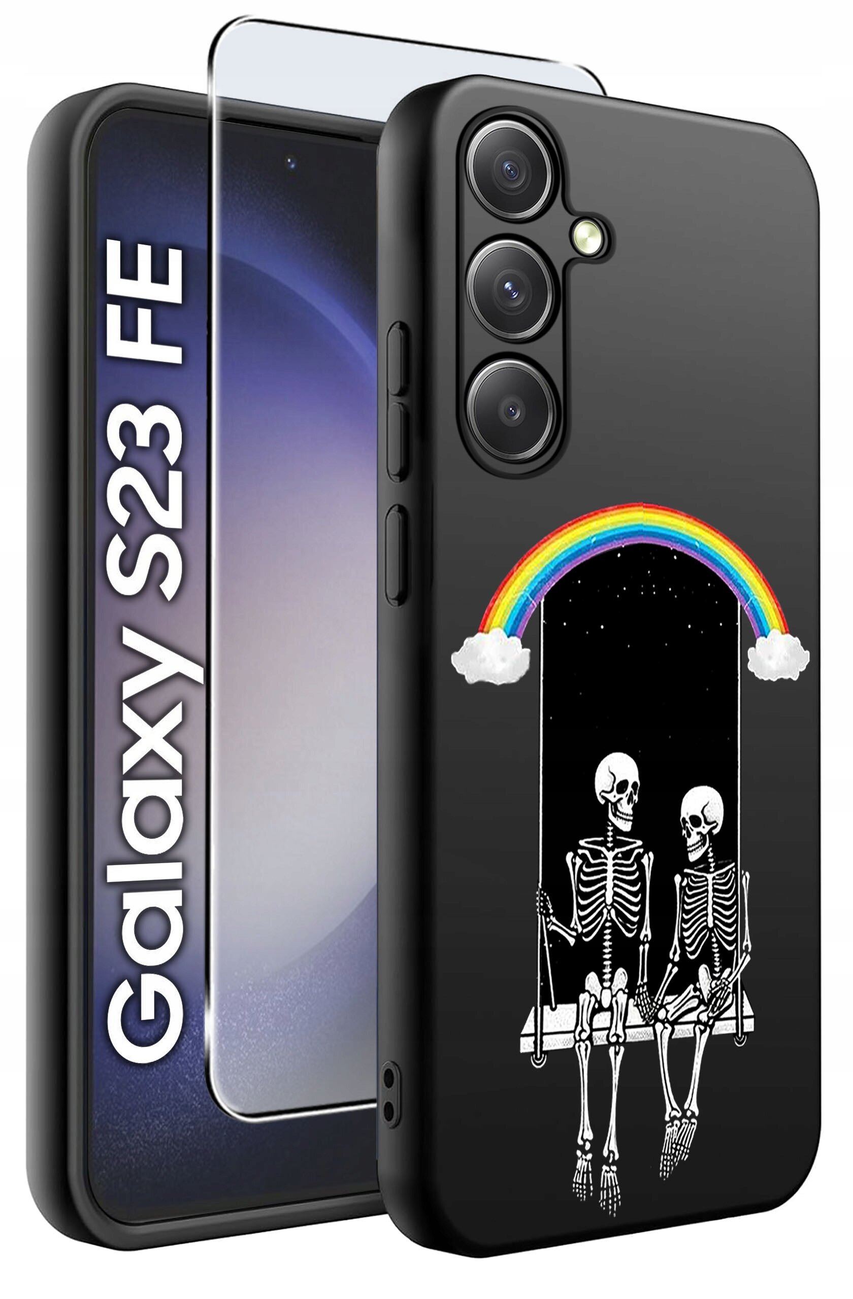 Obraz przedstawia czarne etui na telefon z nadrukiem dwóch szkieletów siedzących na huśtawce pod tęczą. Obok etui widoczny jest telefon z napisem \'Galaxy S23 FE\' oraz szkło ochronne.