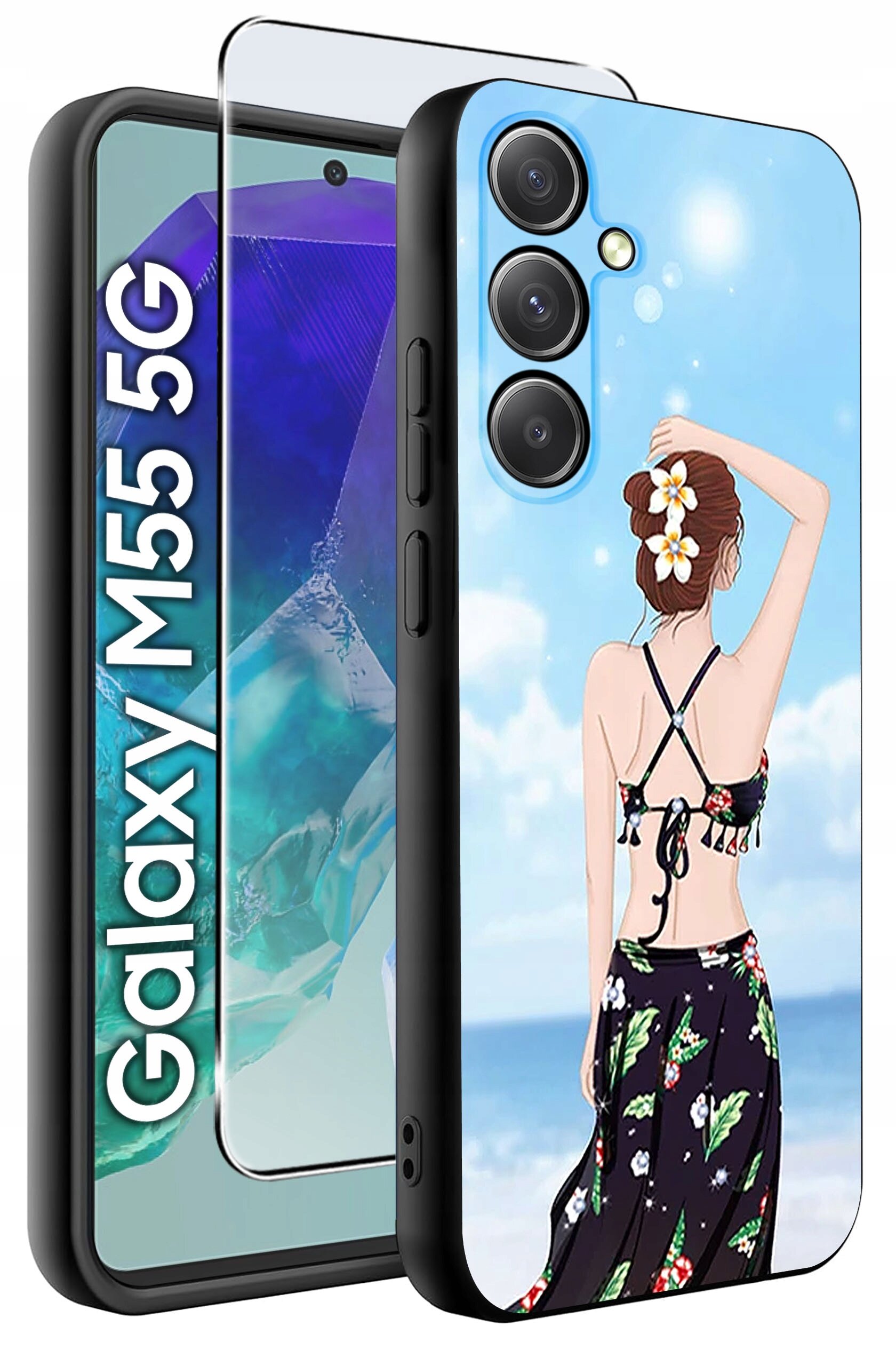 Obraz przedstawia etui na telefon z grafiką kobiety na plaży oraz szkło ochronne. Widoczny jest napis \'Galaxy M55 5G\'.