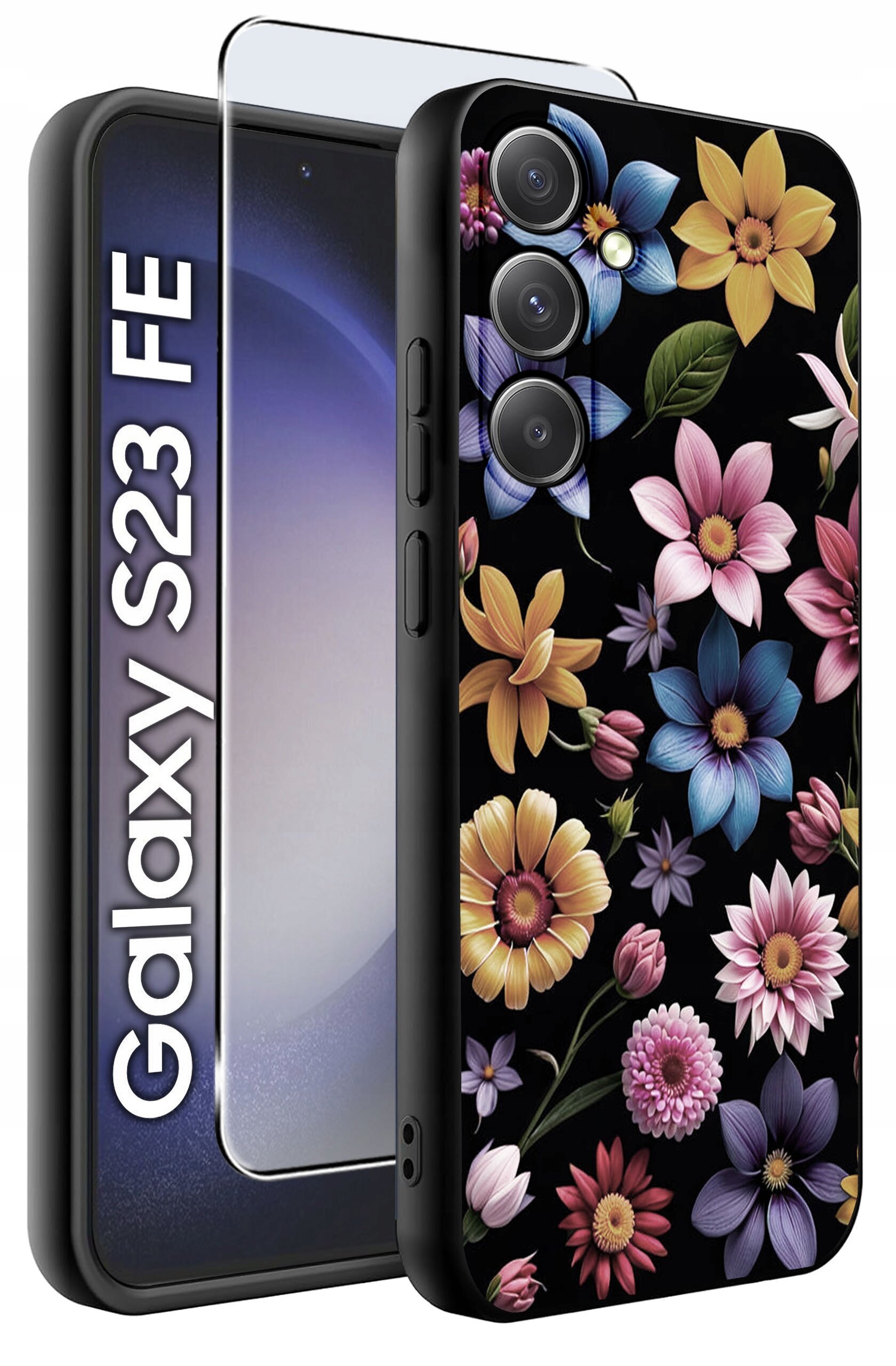 Etui na telefon z kolorowym wzorem kwiatów na czarnym tle, obok którego znajduje się szkło ochronne. Widoczny napis: \'Galaxy S23 FE\'.