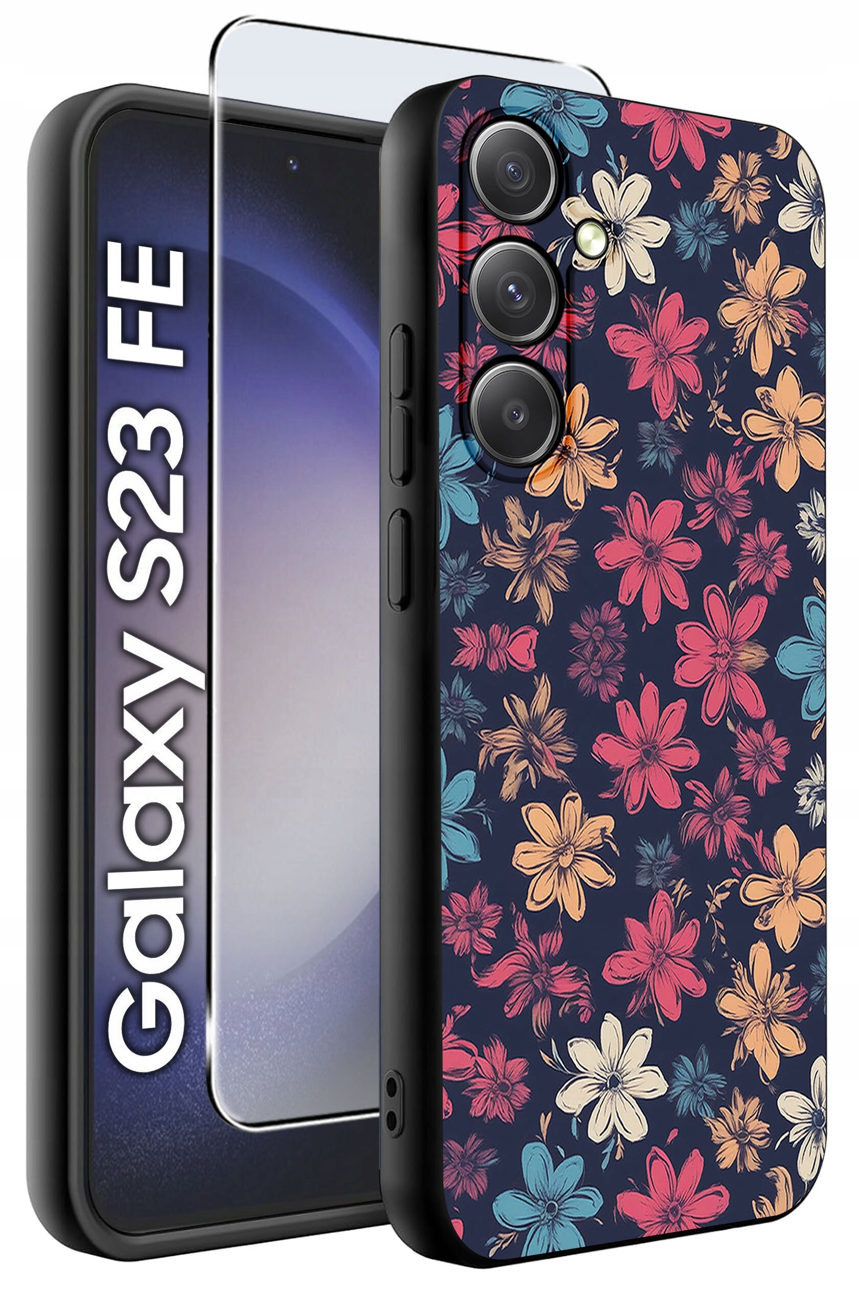 Etui na telefon z kolorowym wzorem kwiatowym oraz szkło ochronne. Obok widoczny napis \'Galaxy S23 FE\'.