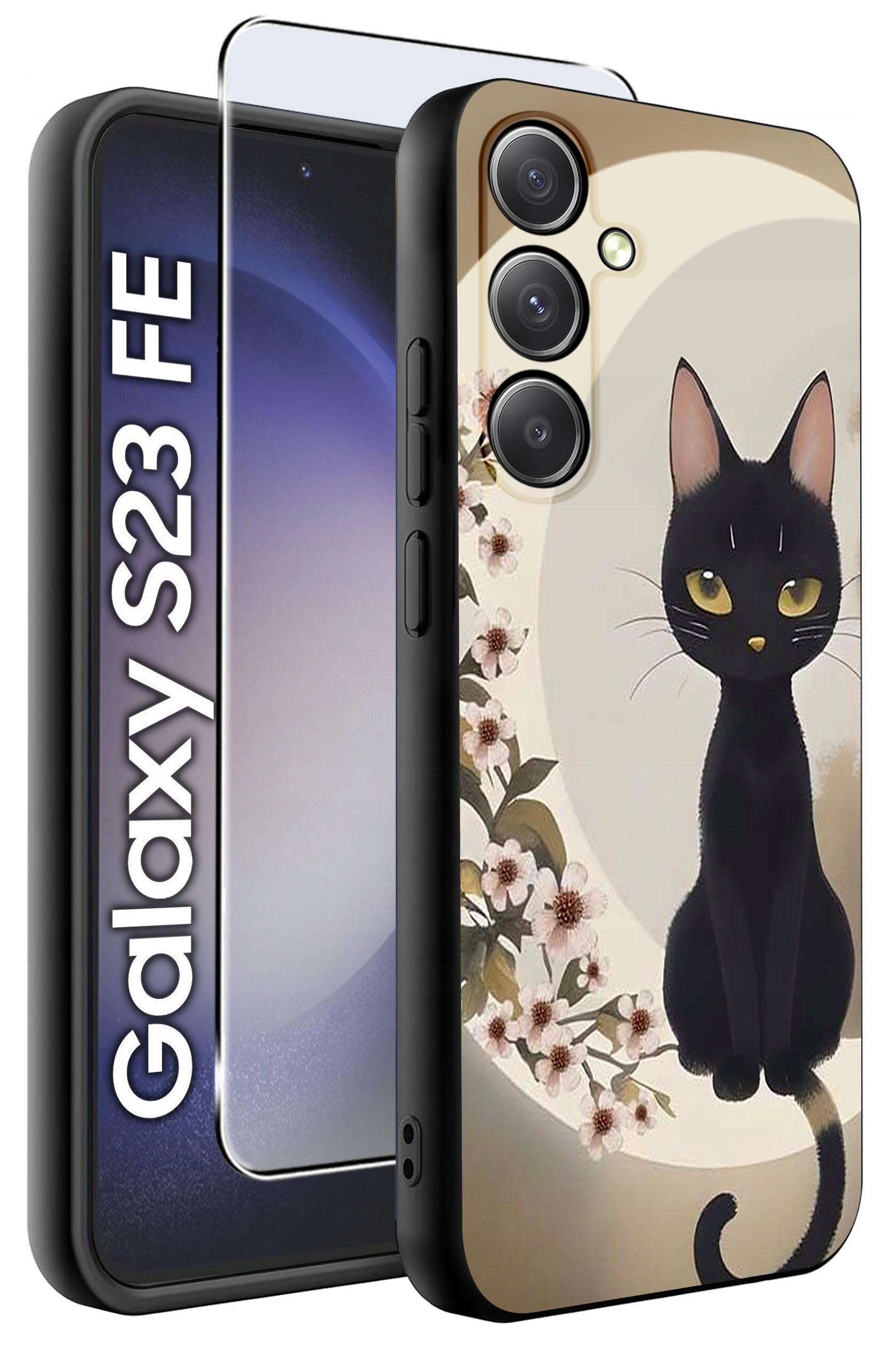 Etui na telefon z nadrukiem czarnego kota i kwiatów, obok widoczna jest szybka ochronna. Na etui napis \'Galaxy S23 FE\'.