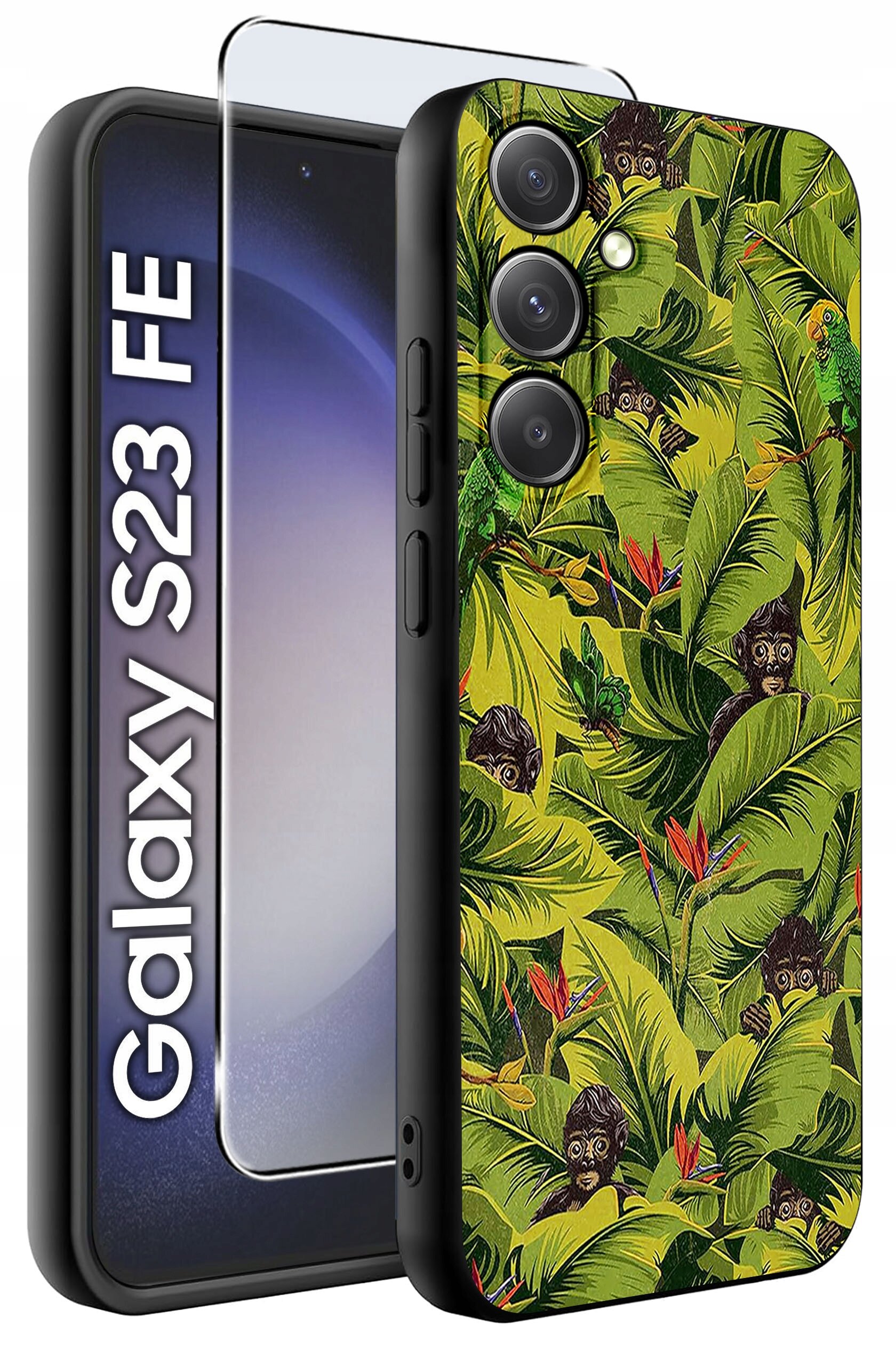 Etui do telefonu z motywem tropikalnym, przedstawiającym zielone liście i małpy, obok szkło ochronne. Widoczny napis: \'Galaxy S23 FE\'.