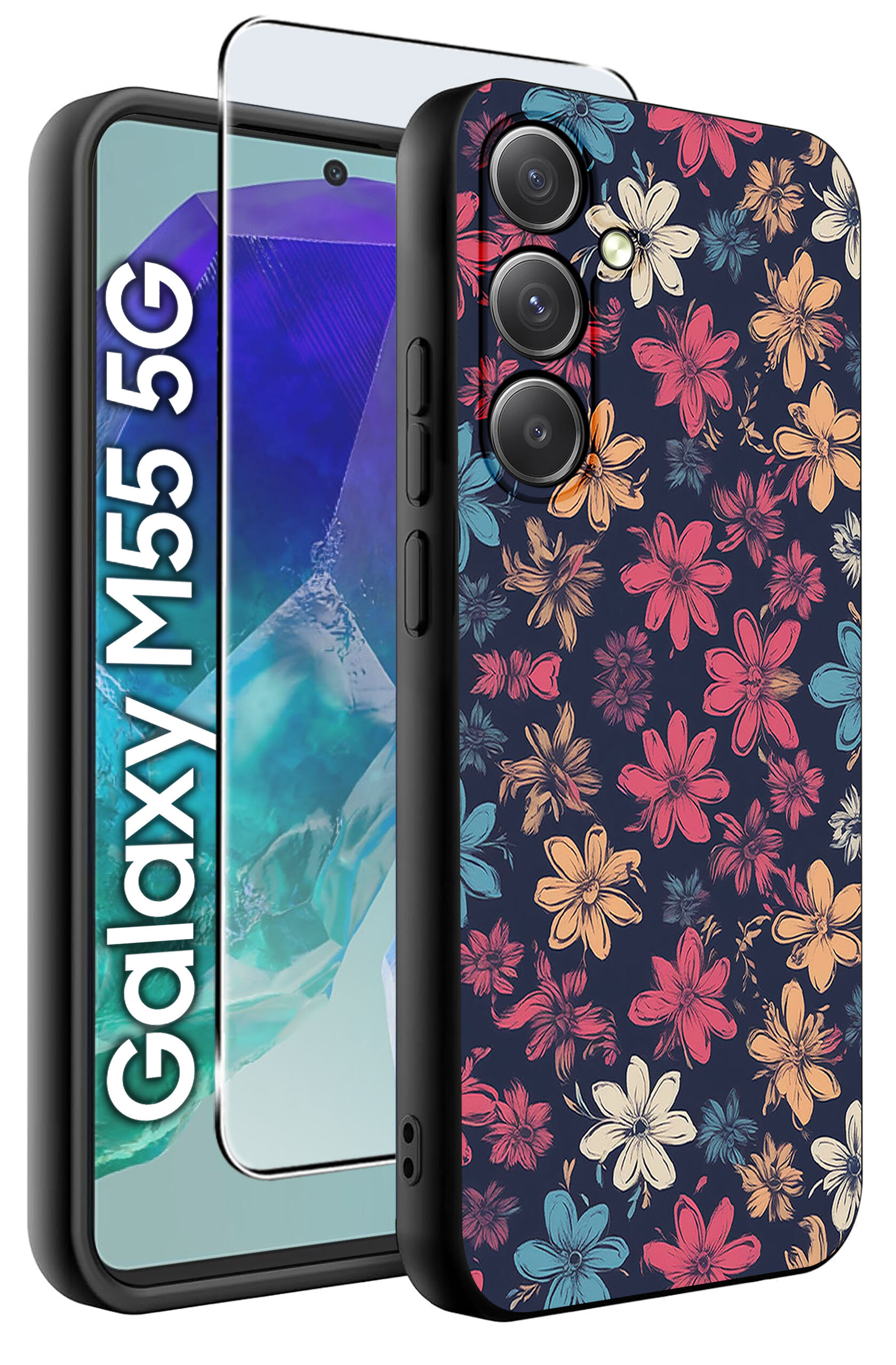 Obraz przedstawia etui na telefon z kolorowym wzorem kwiatów oraz szkło ochronne. Obok widoczny jest napis \'Galaxy M55 5G\'.