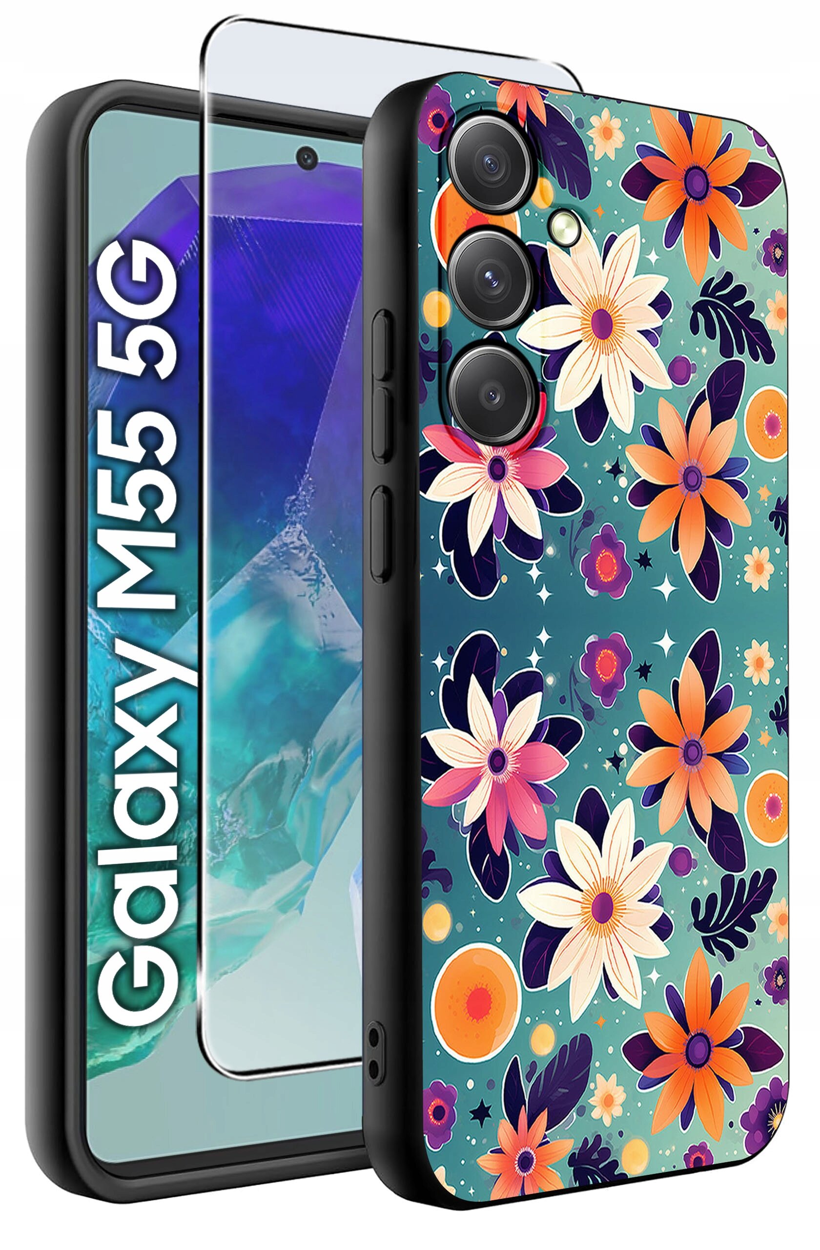Obraz przedstawia etui na telefon z kolorowym wzorem kwiatowym oraz szkło ochronne. Obok widoczny jest telefon z napisem \'Galaxy M55 5G\'.