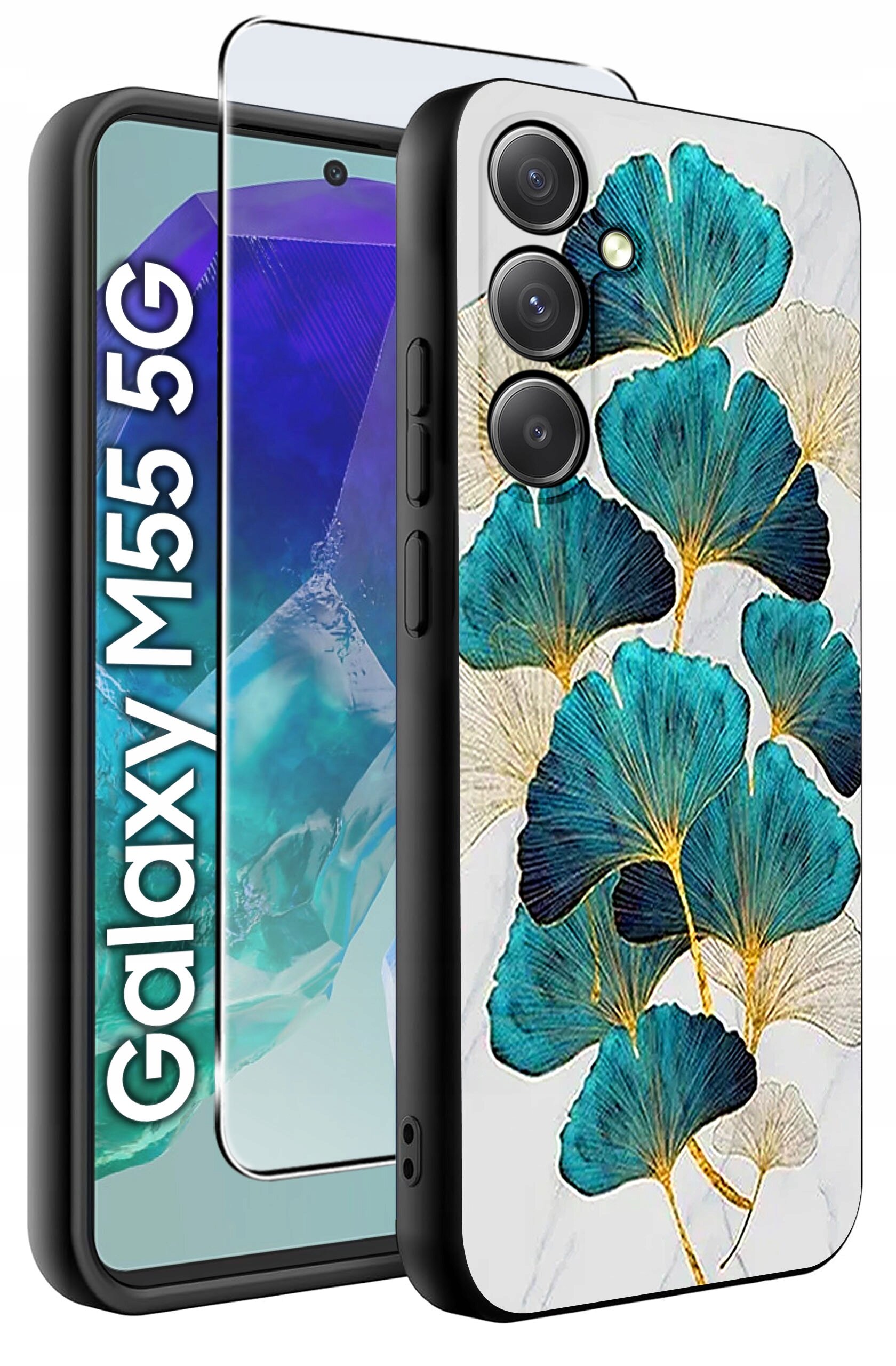 Obraz przedstawia etui na telefon z wzorem niebiesko-zielonych liści na białym tle. Obok etui widoczny jest telefon z napisem \'Galaxy M55 5G\'.