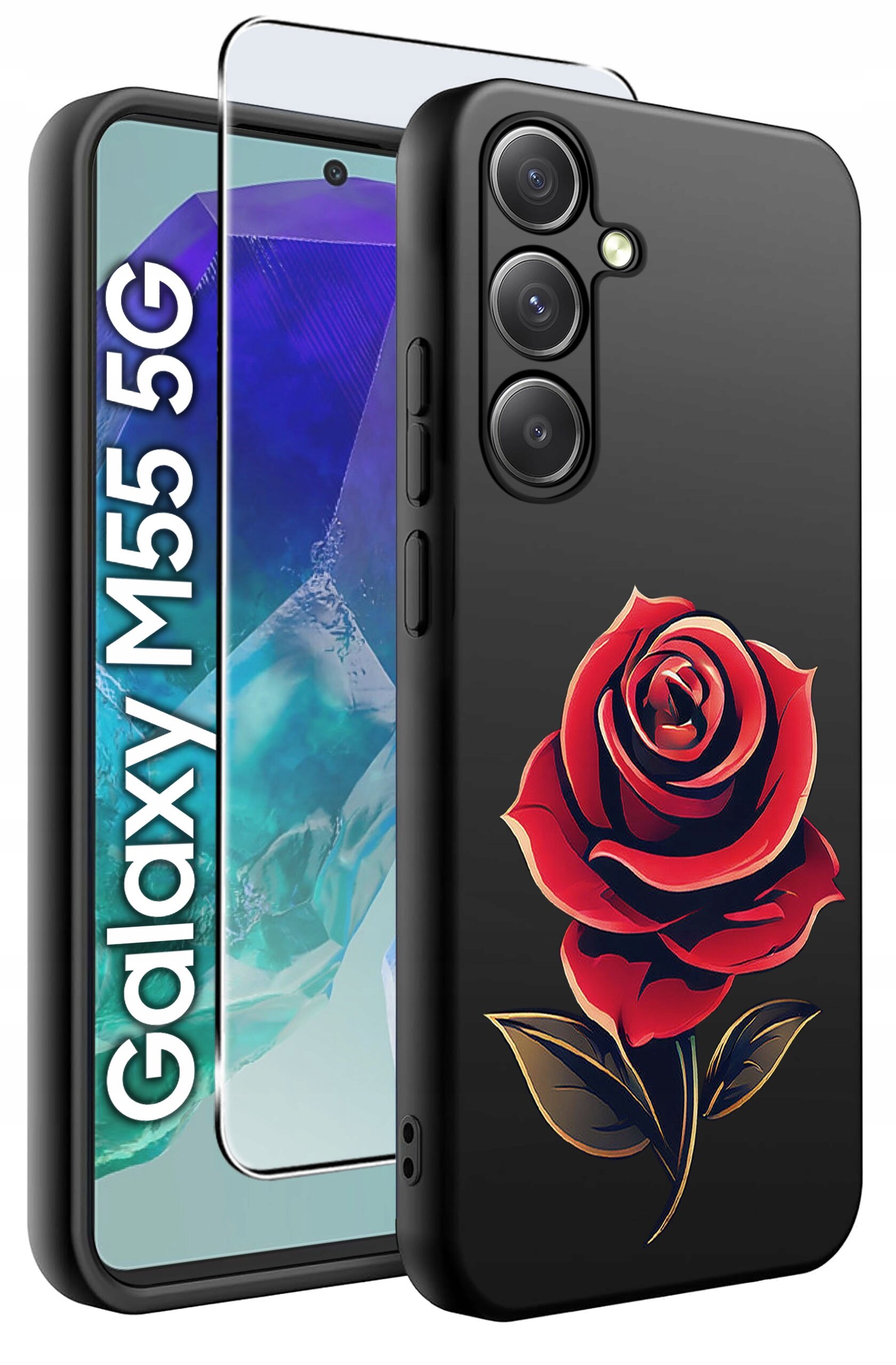 Obraz przedstawia czarne etui z czerwonym wzorem róży, przeznaczone dla telefonu Galaxy M55 5G. Obok etui znajduje się szkło ochronne na ekran.
