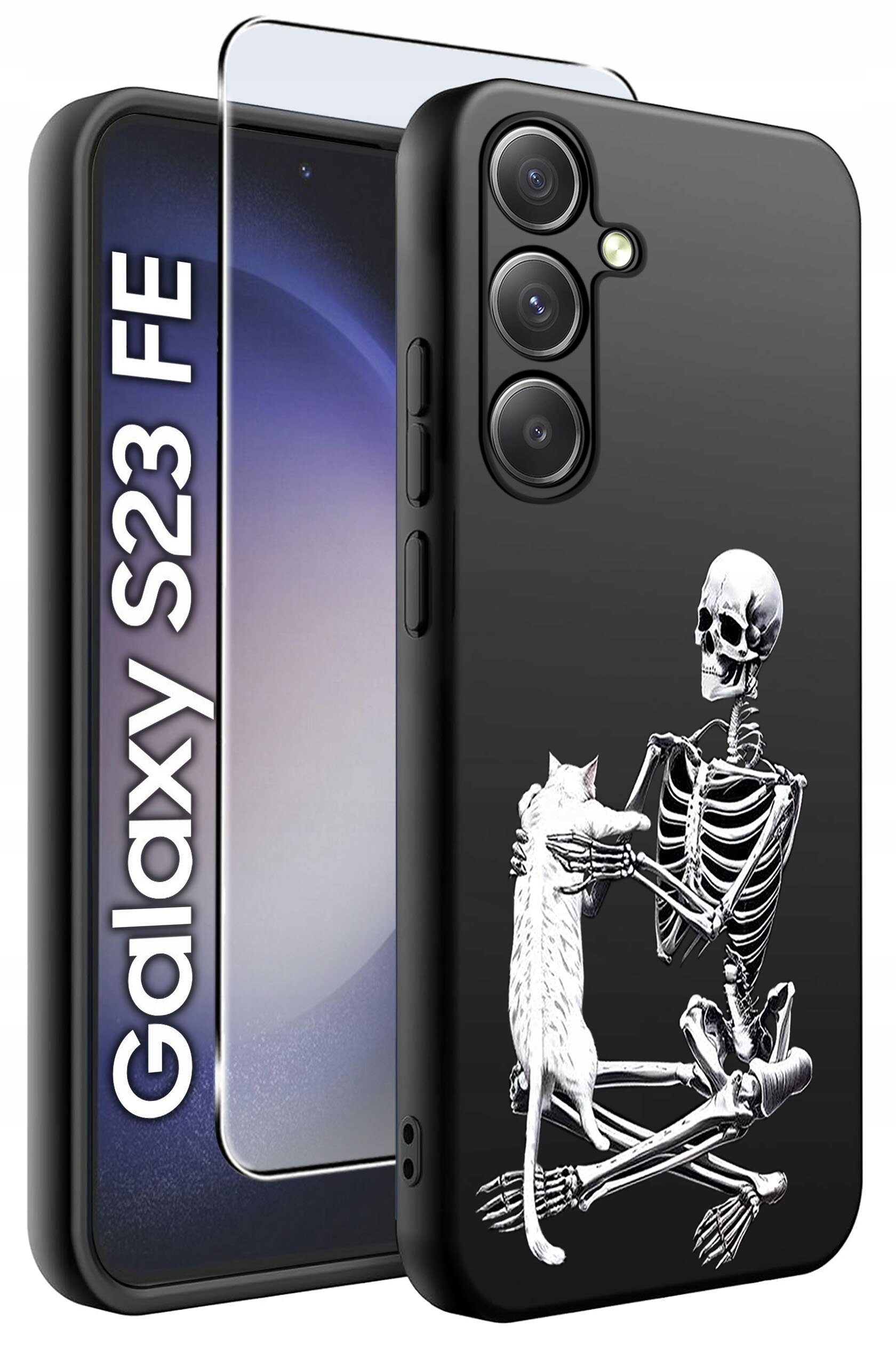 Czarne etui na telefon z nadrukiem szkieletu trzymającego kota, obok widoczna jest szybka ochronna. Na ekranie telefonu napis \'Galaxy S23 FE\'.