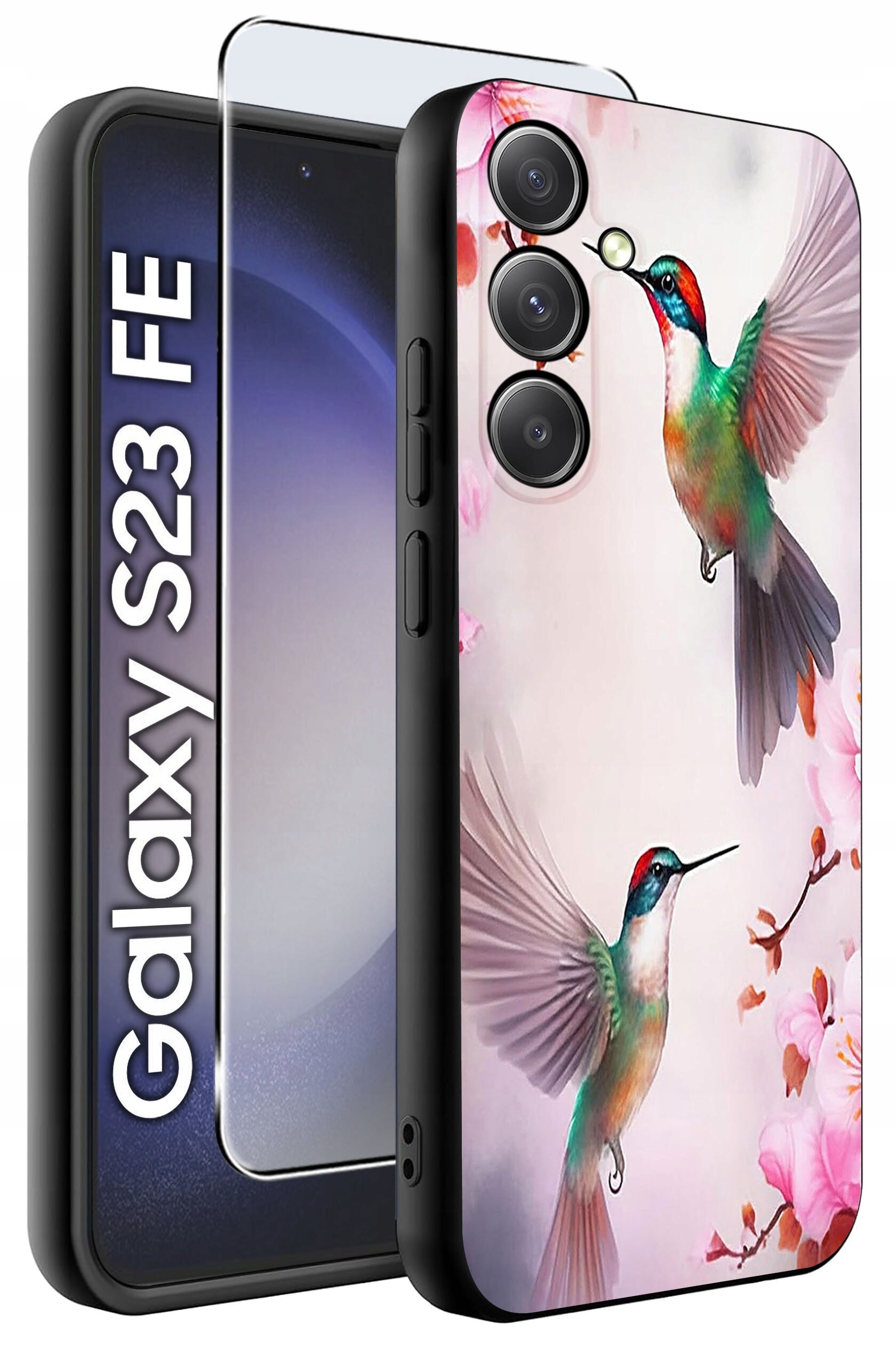 Obraz przedstawia etui na telefon z kolorowym wzorem kolibrów i kwiatów. Obok etui widoczny jest napis \'Galaxy S23 FE\' oraz szkło ochronne.