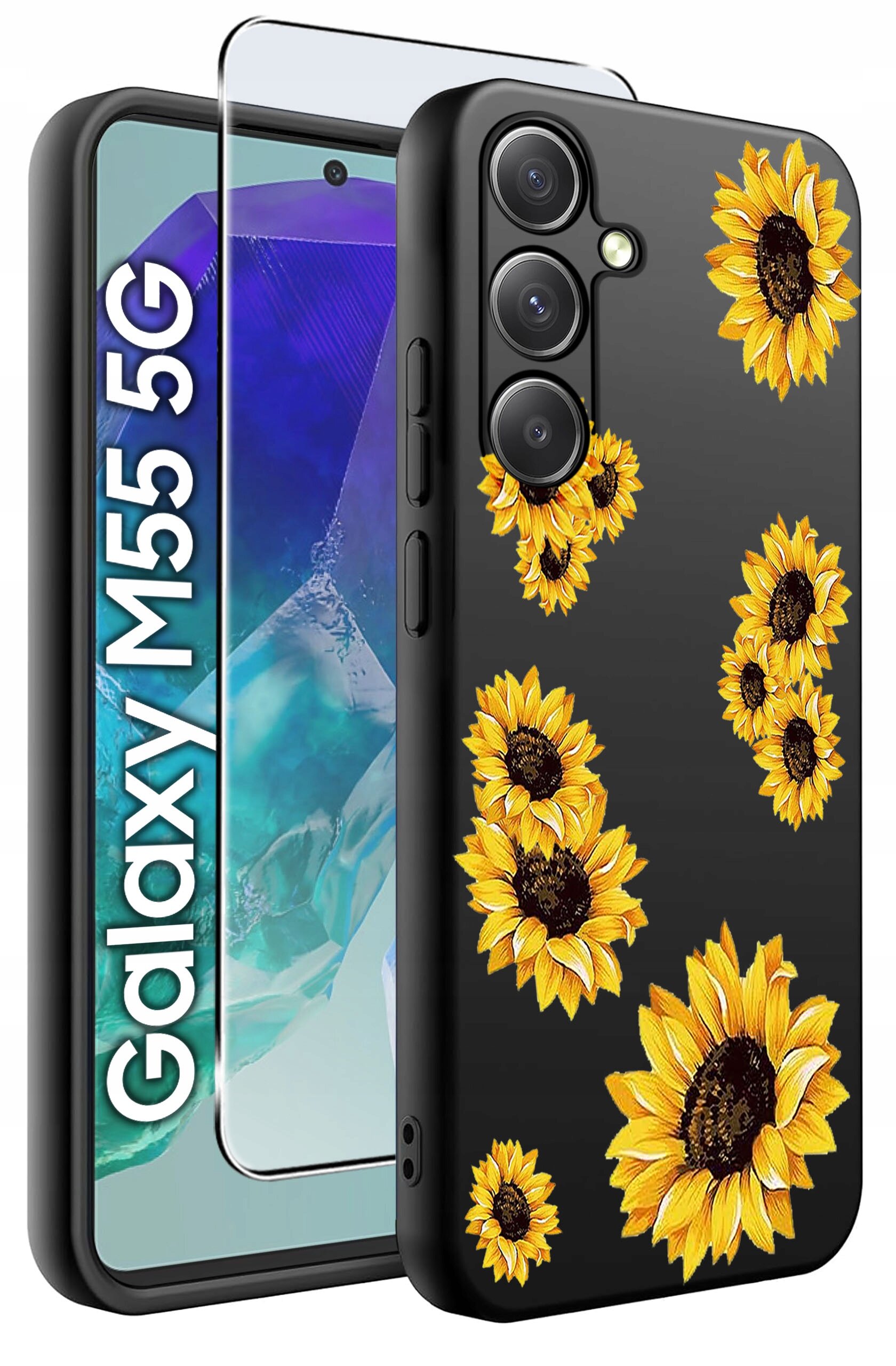 Obraz przedstawia czarne etui na telefon z wzorem żółtych słoneczników oraz szkło ochronne. Obok widoczny jest telefon z napisem \'Galaxy M55 5G\'.