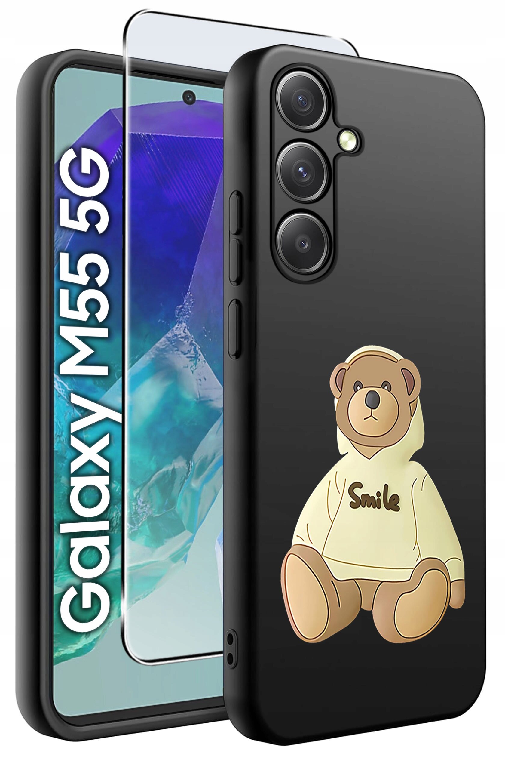 Obraz przedstawia czarne etui na telefon z nadrukiem misia w bluzie z napisem \'Smile\'. Obok etui widoczny jest telefon z napisem \'Galaxy M55 5G\' oraz szkło ochronne.