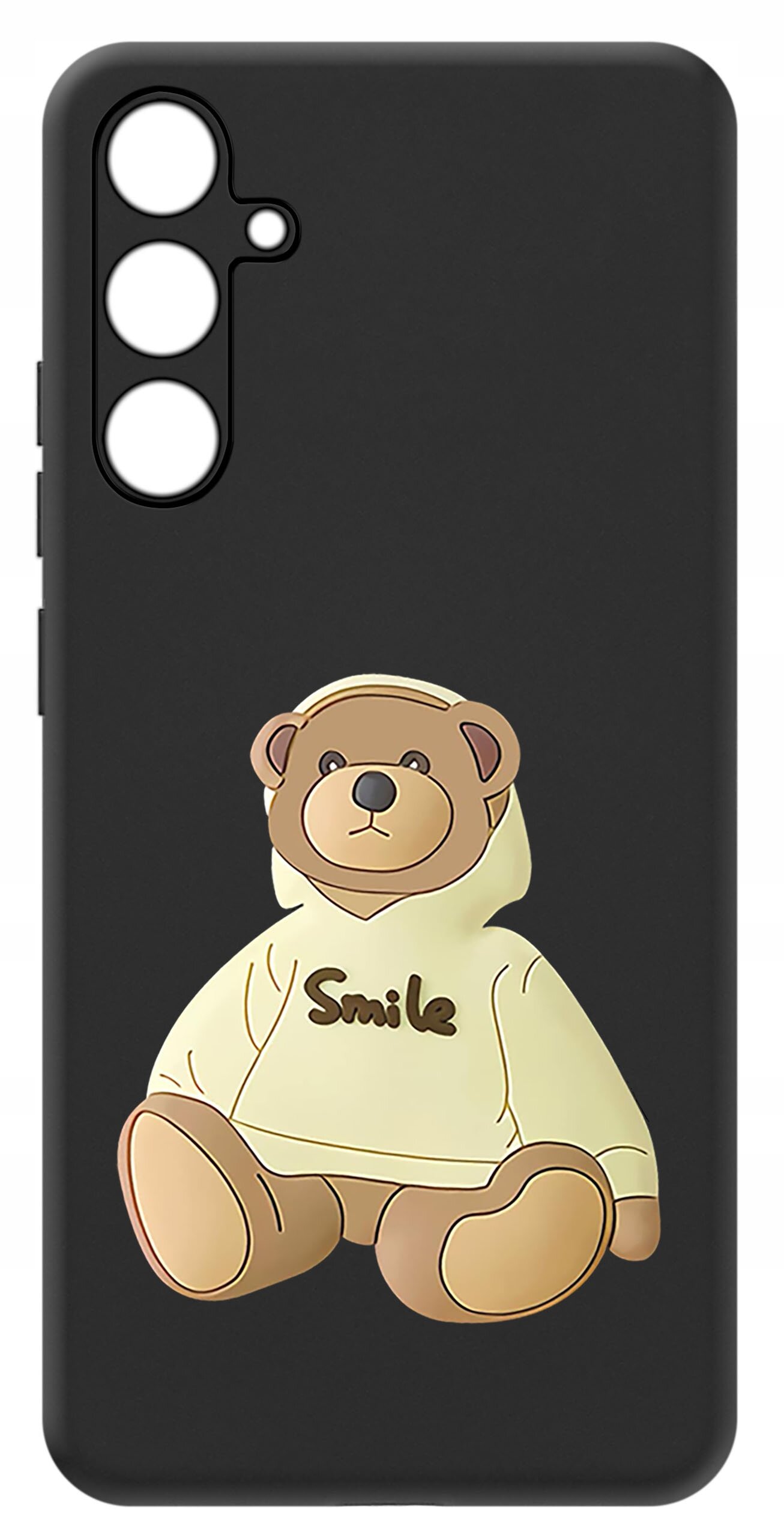 Czarne etui z nadrukiem misia w kremowej bluzie z napisem \'Smile\'. Etui posiada trzy otwory na aparat.