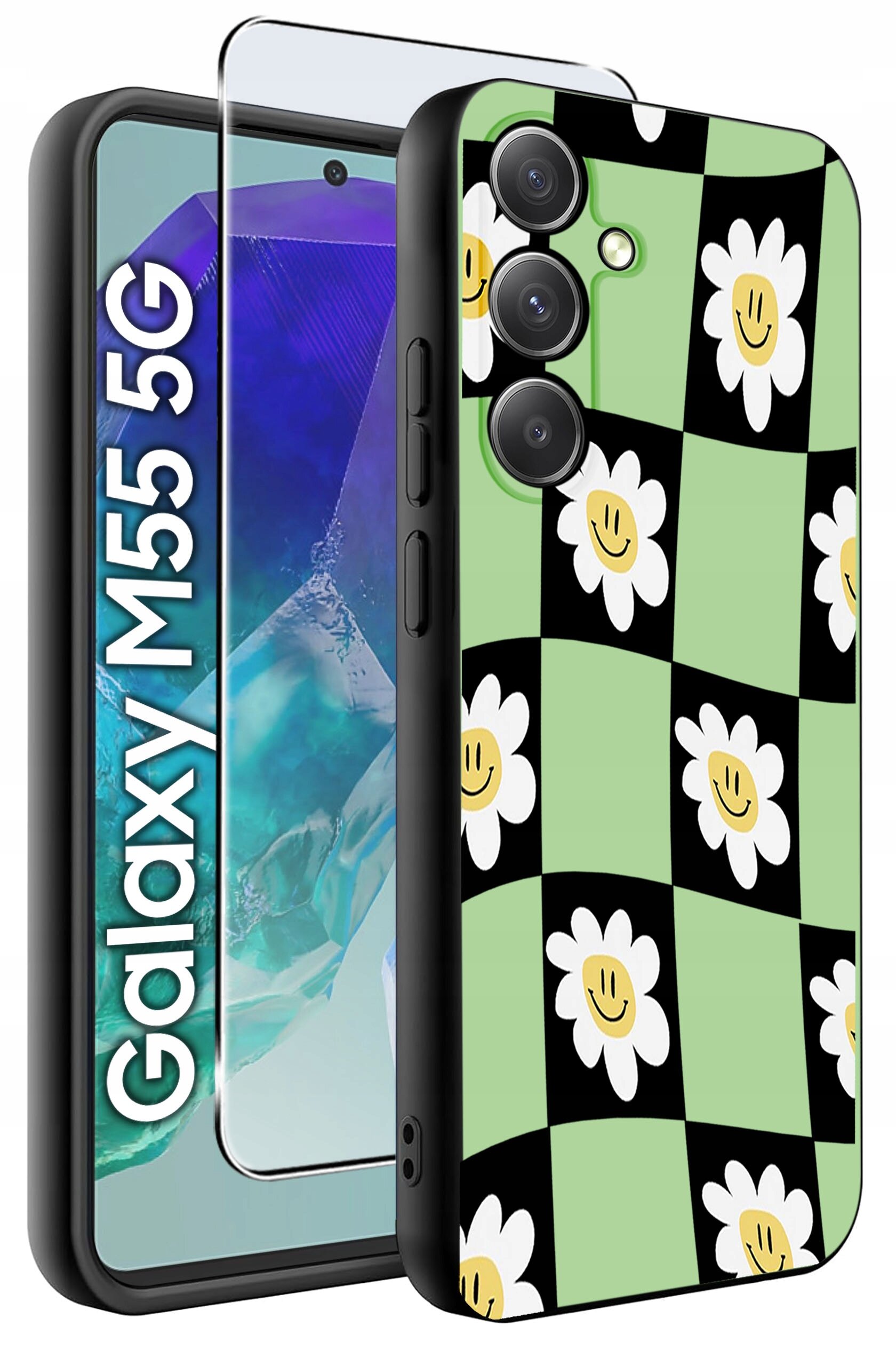 Obraz przedstawia etui na telefon z wzorem w biało-żółte kwiaty na zielono-czarnym tle. Obok etui widoczny jest telefon z napisem \'Galaxy M55 5G\' oraz szkło ochronne.