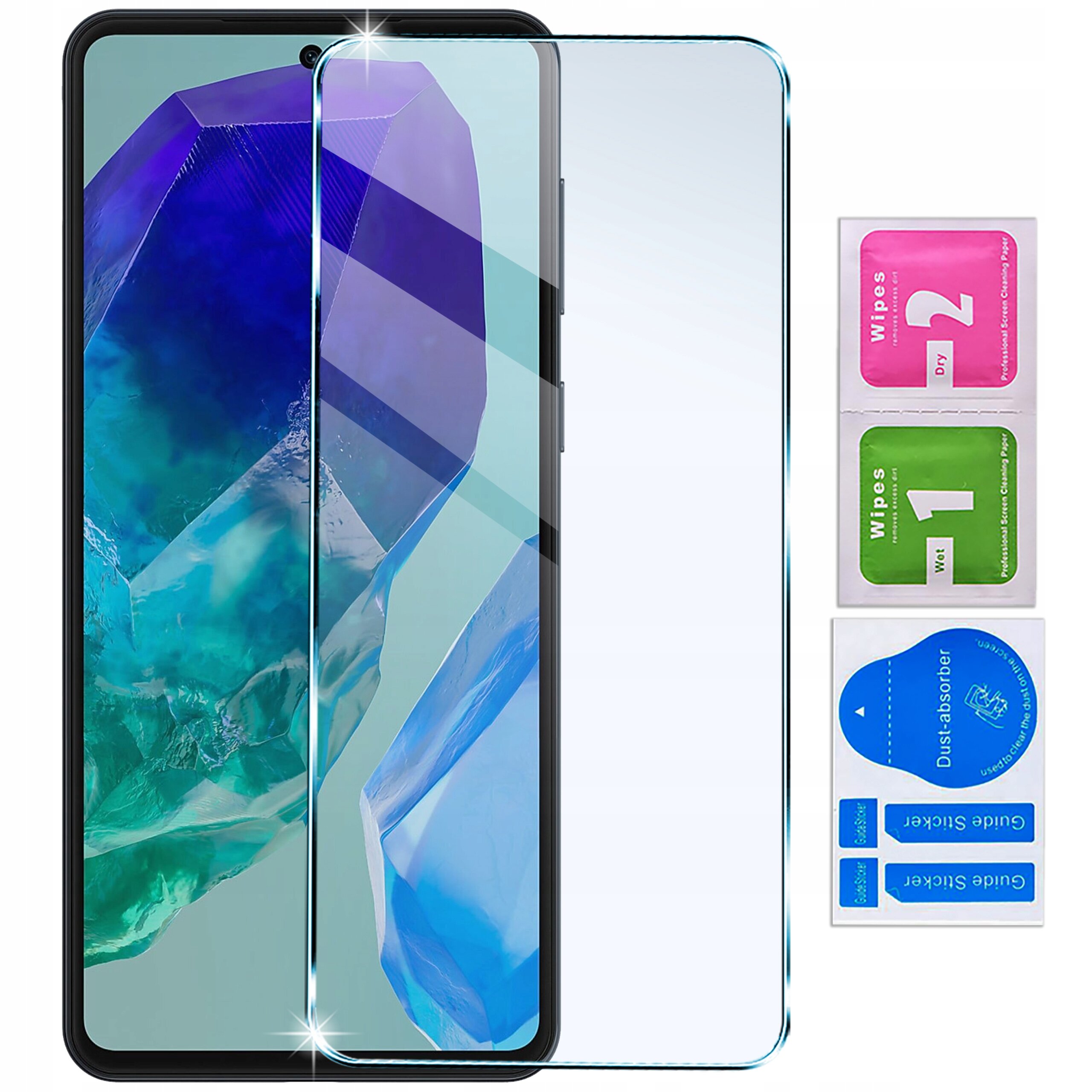 Obraz przedstawia telefon z nałożonym szkłem ochronnym, obok znajdują się trzy saszetki z napisami: \'Wipes 2 Dry\', \'Wipes 1 Wet\' oraz \'Dust absorber\'.