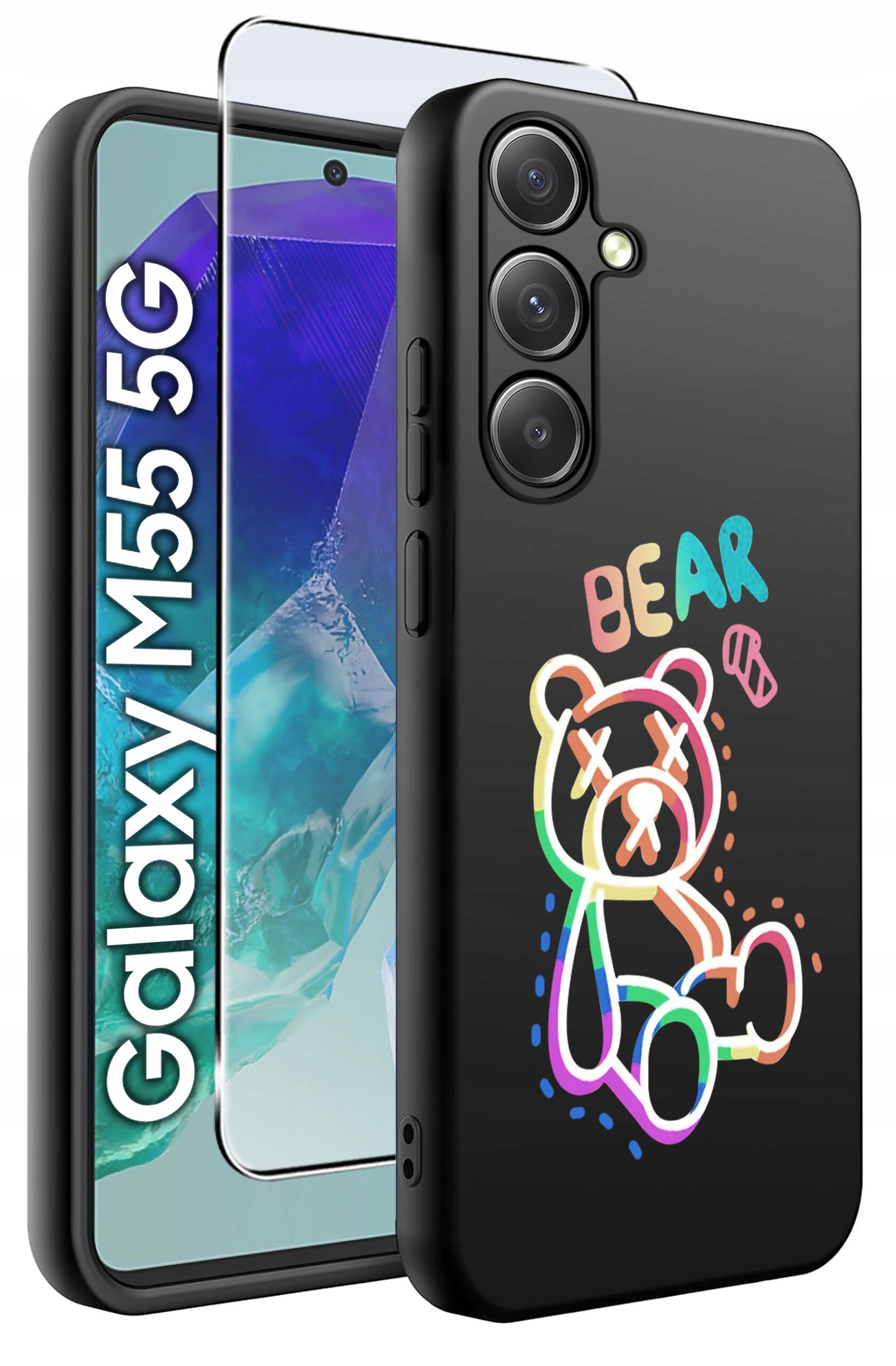 Obraz przedstawia czarne etui na telefon z kolorowym rysunkiem misia i napisem \'BEAR\'. Obok etui widoczny jest telefon z napisem \'Galaxy M55 5G\' oraz szkło ochronne.