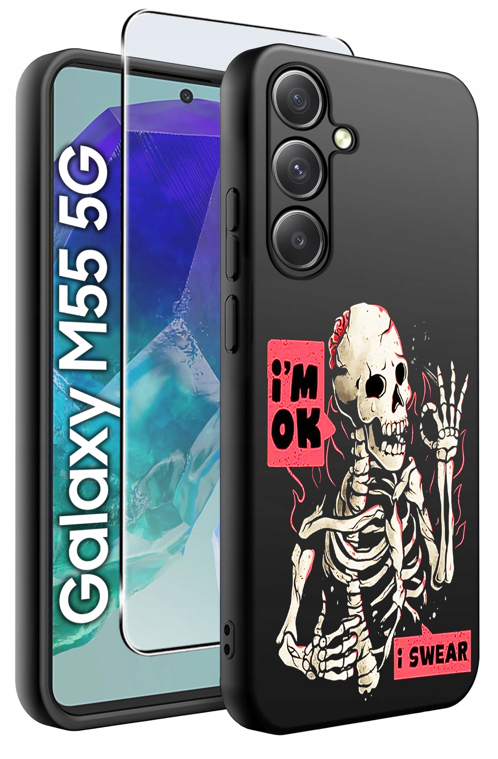 Obraz przedstawia czarne etui na telefon z nadrukiem szkieletu oraz napisami \'i\'m OK\' i \'i SWEAR\'. Obok etui widoczny jest telefon z napisem \'Galaxy M55 5G\' oraz szkło ochronne.