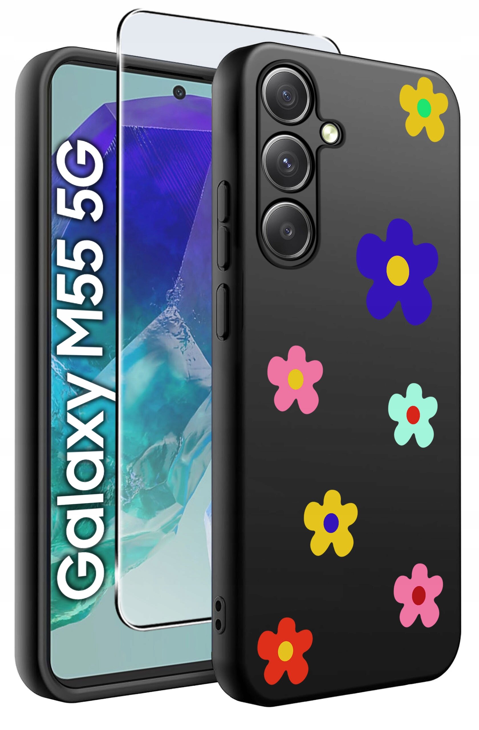 Obraz przedstawia czarne etui na telefon z kolorowymi kwiatkami oraz szkło ochronne. Obok widoczny jest telefon z napisem \'Galaxy M55 5G\'.