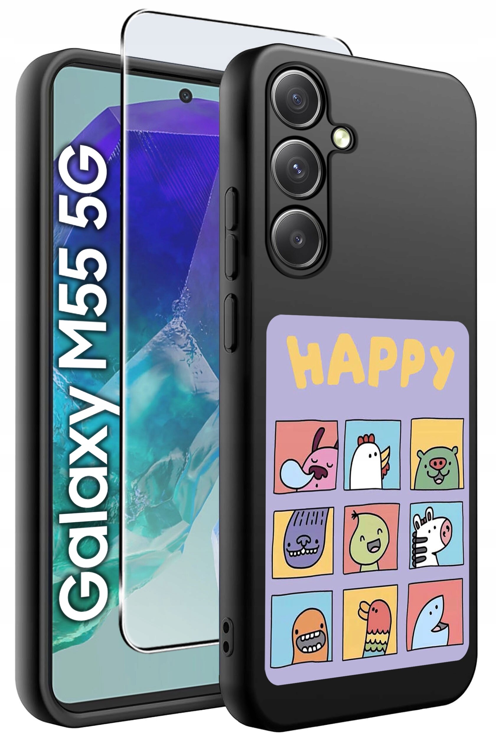 Obraz przedstawia czarne etui na telefon z kolorowym wzorem przedstawiającym dziewięć rysunkowych postaci zwierząt i napis \'HAPPY\'. Obok etui widoczny jest telefon z napisem \'Galaxy M55 5G\' oraz szkło ochronne.