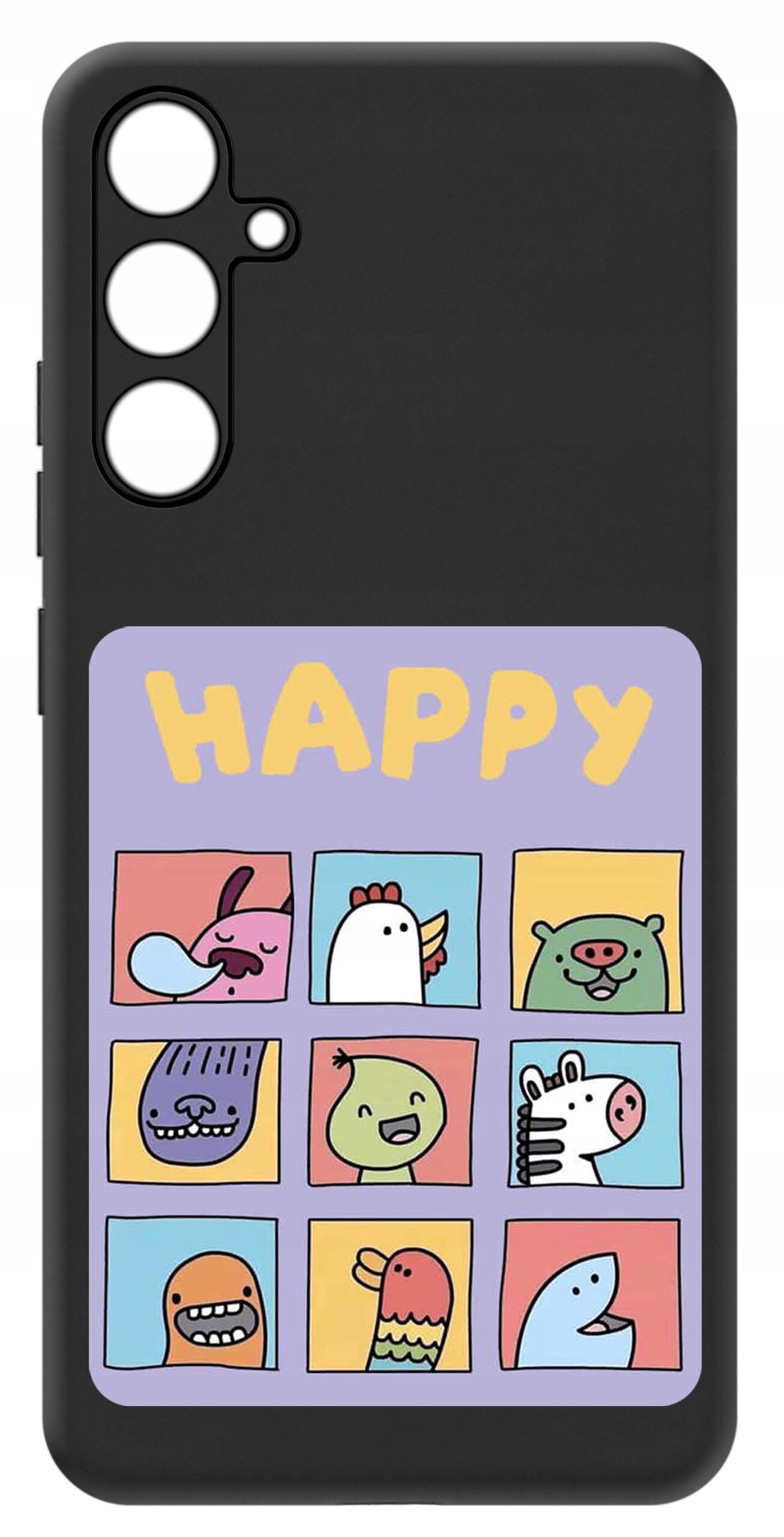 Czarne etui na telefon z kolorowym nadrukiem przedstawiającym dziewięć rysunkowych postaci zwierząt oraz napis \'HAPPY\' na fioletowym tle.