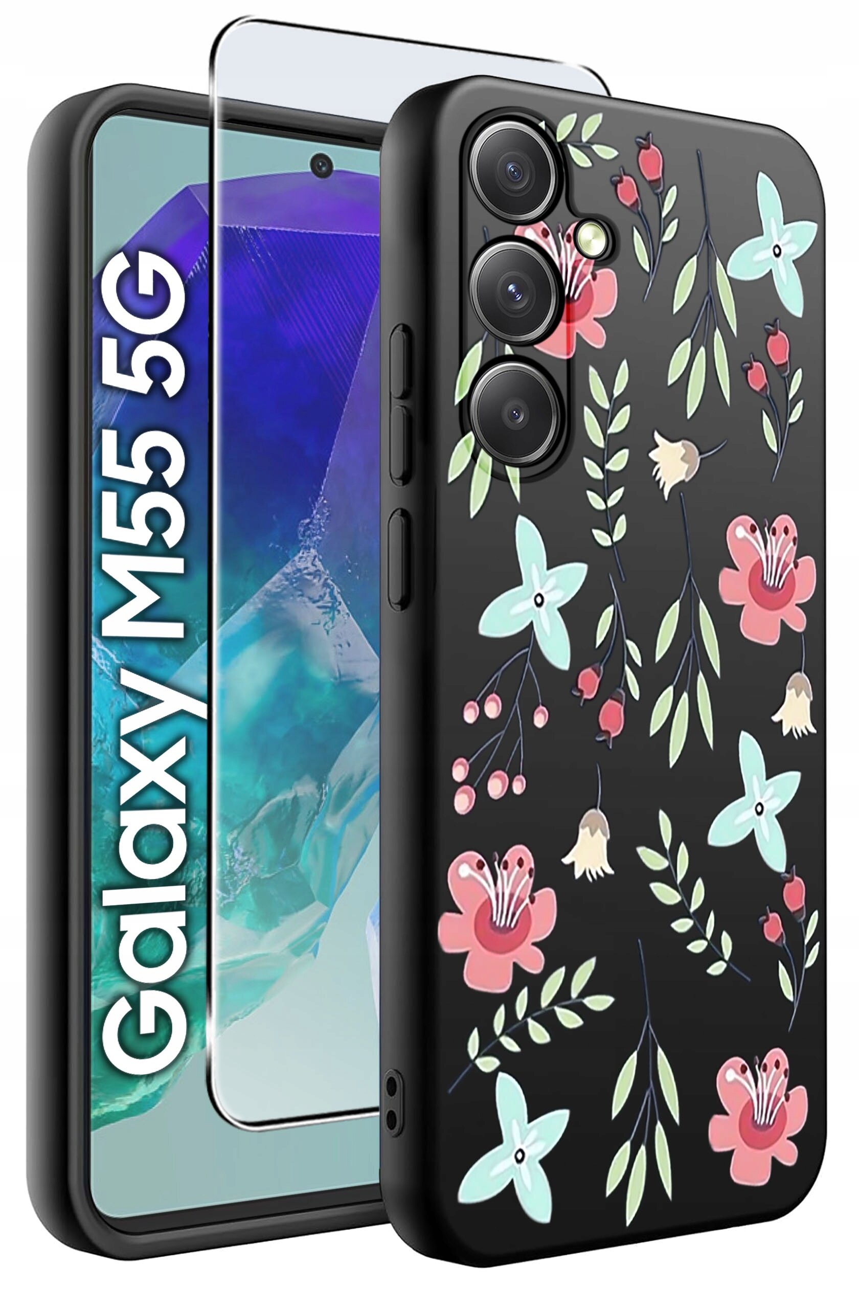Obraz przedstawia etui na telefon z kwiatowym wzorem w pastelowych kolorach oraz szkło ochronne. Obok widoczny jest napis \'Galaxy M55 5G\'.