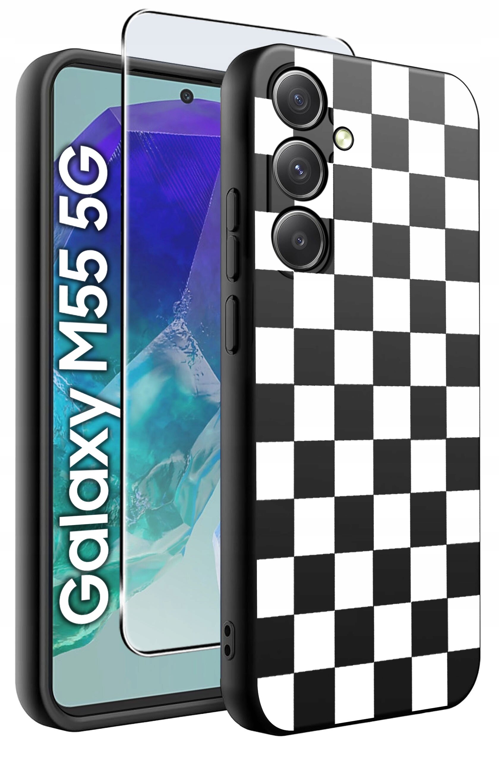 Obraz przedstawia etui na telefon z czarno-białym wzorem w szachownicę oraz szkło ochronne. Obok widoczny jest telefon z napisem \'Galaxy M55 5G\'.