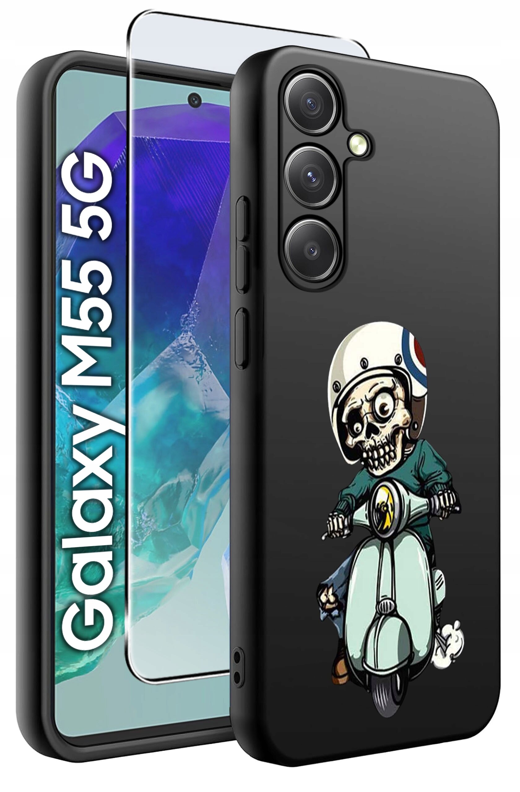 Etui na telefon z nadrukiem postaci na skuterze, obok widoczny telefon z napisem \'Galaxy M55 5G\'.