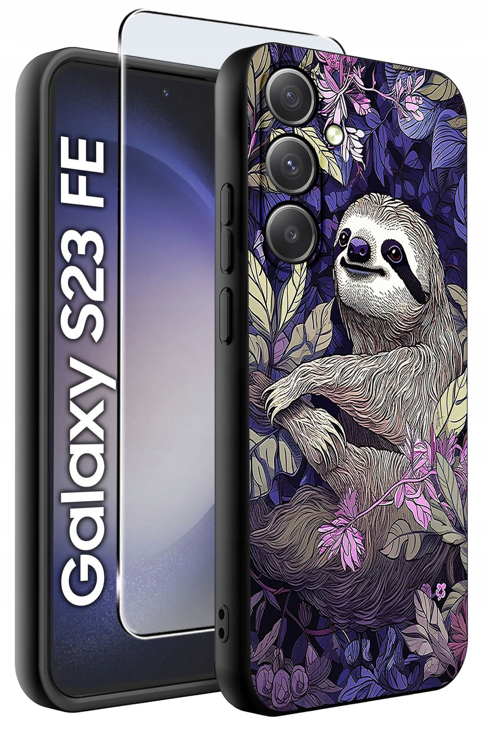 Etui na telefon z motywem leniwca otoczonego liśćmi i kwiatami, obok widoczna jest szybka ochronna. Na ekranie telefonu napis \'Galaxy S23 FE\'.