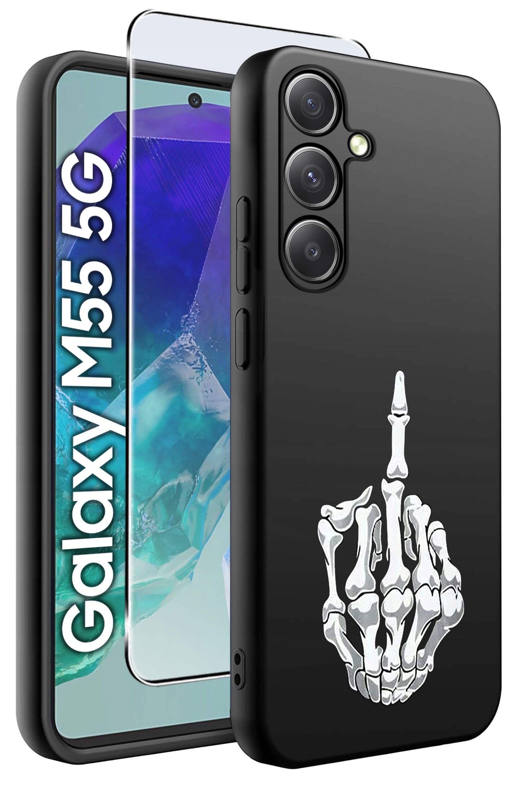 Obraz przedstawia czarne etui na telefon z nadrukiem białej dłoni w kształcie szkieletu, pokazującej środkowy palec. Obok etui widoczny jest telefon z napisem \'Galaxy M55 5G\' oraz szkło ochronne.