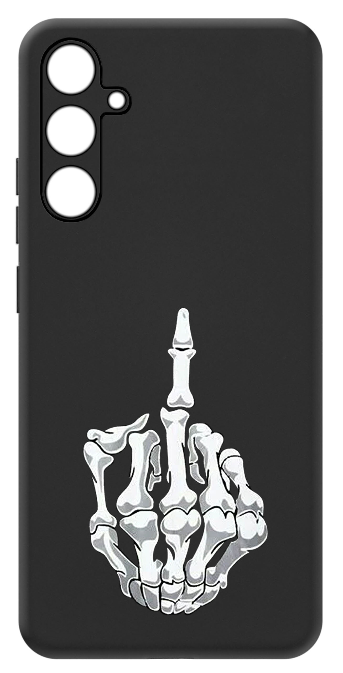 Czarne etui na telefon z nadrukiem białych kości dłoni ułożonych w gest środkowego palca. Etui posiada wycięcia na trzy obiektywy aparatu.