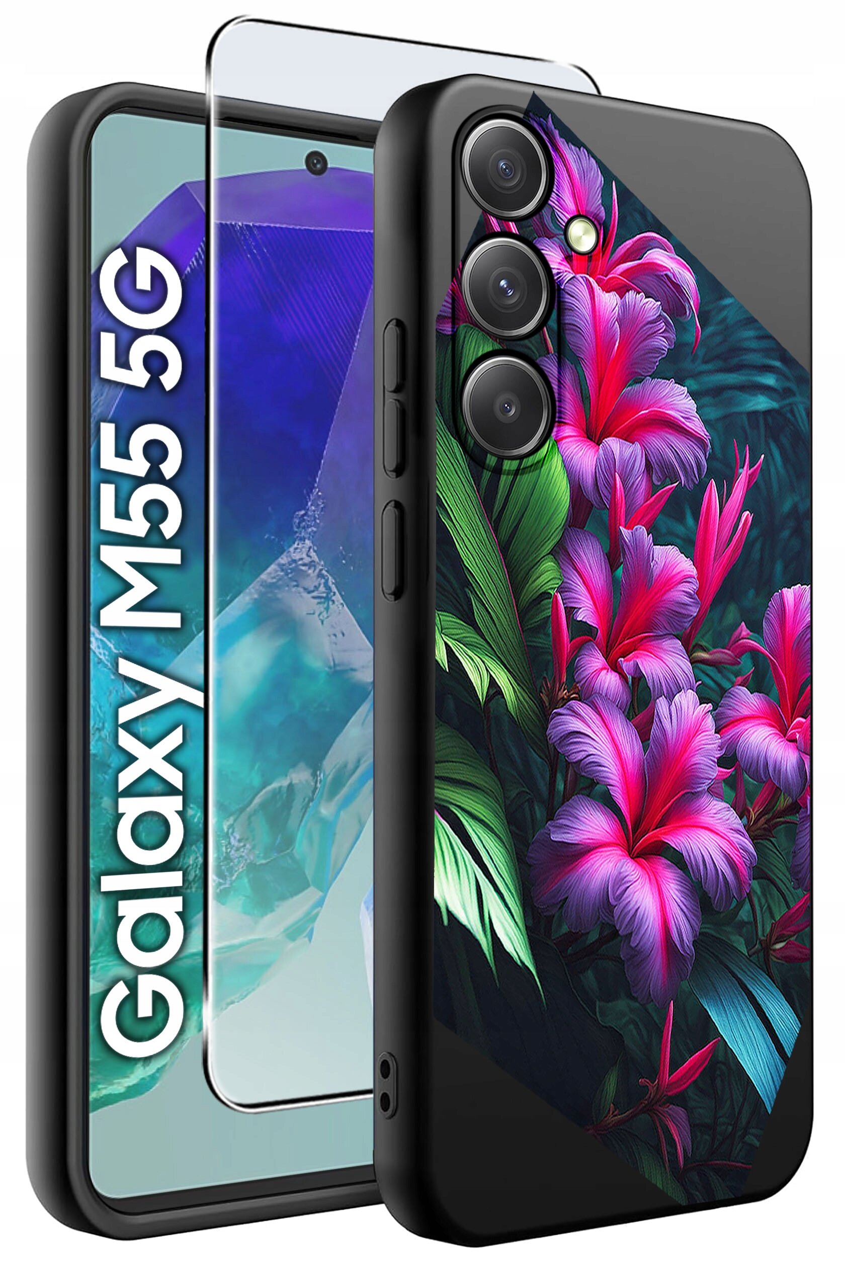 Obraz przedstawia etui na telefon z kolorowym wzorem kwiatów oraz szkło ochronne. Obok widoczny jest napis \'Galaxy M55 5G\'.