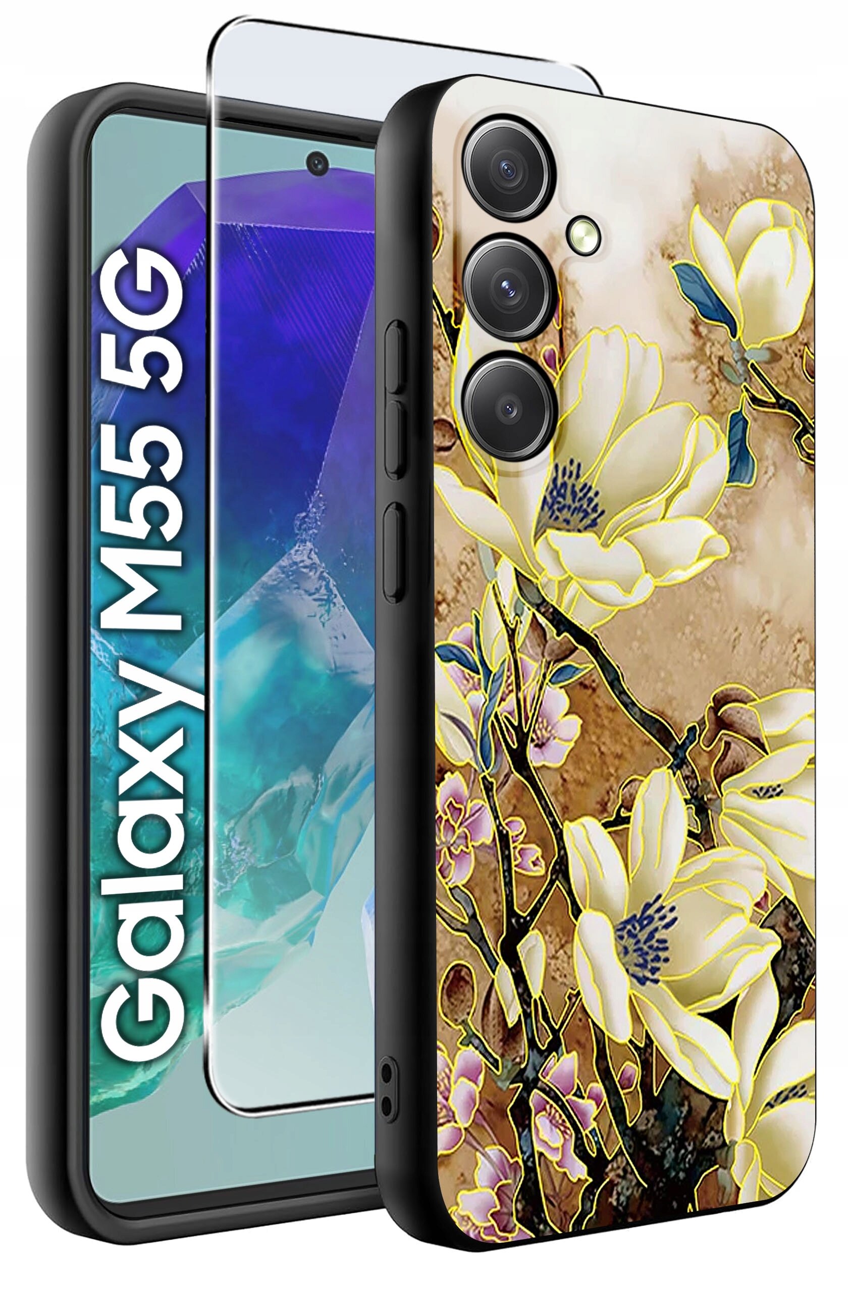 Obraz przedstawia etui na telefon z kwiatowym wzorem oraz szkło ochronne. Obok widoczny jest napis \'Galaxy M55 5G\'.