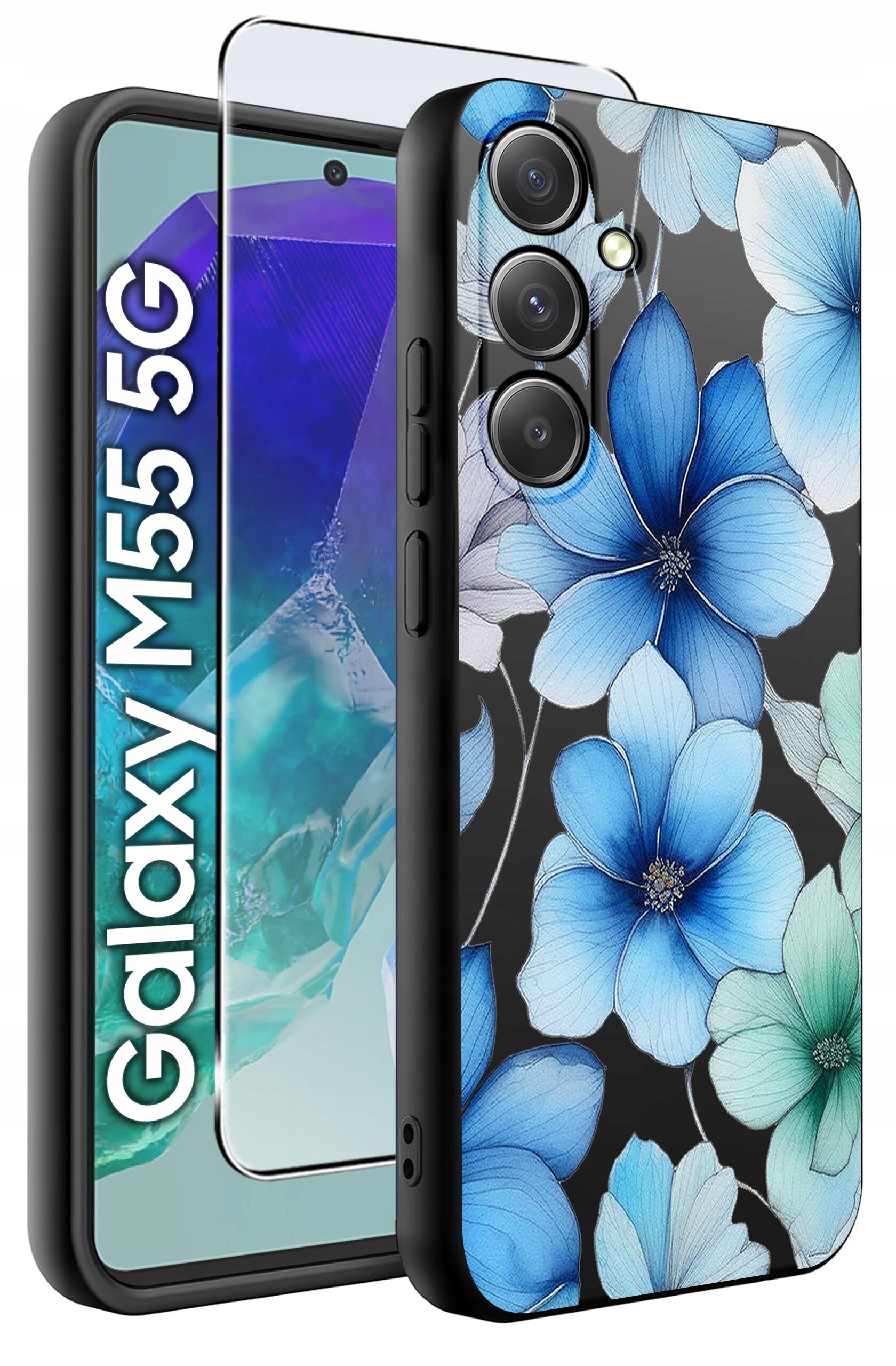 Etui na telefon z wzorem niebieskich kwiatów oraz szkło ochronne na ekran. Obok widoczny jest napis \'Galaxy M55 5G\'.