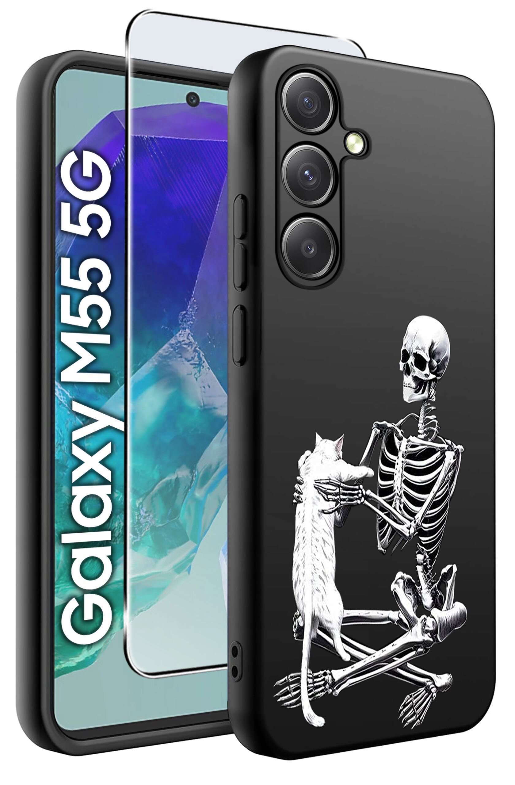 Czarne etui na telefon z nadrukiem szkieletu trzymającego kota. Obok widoczny jest telefon z napisem \'Galaxy M55 5G\' oraz szkło ochronne.