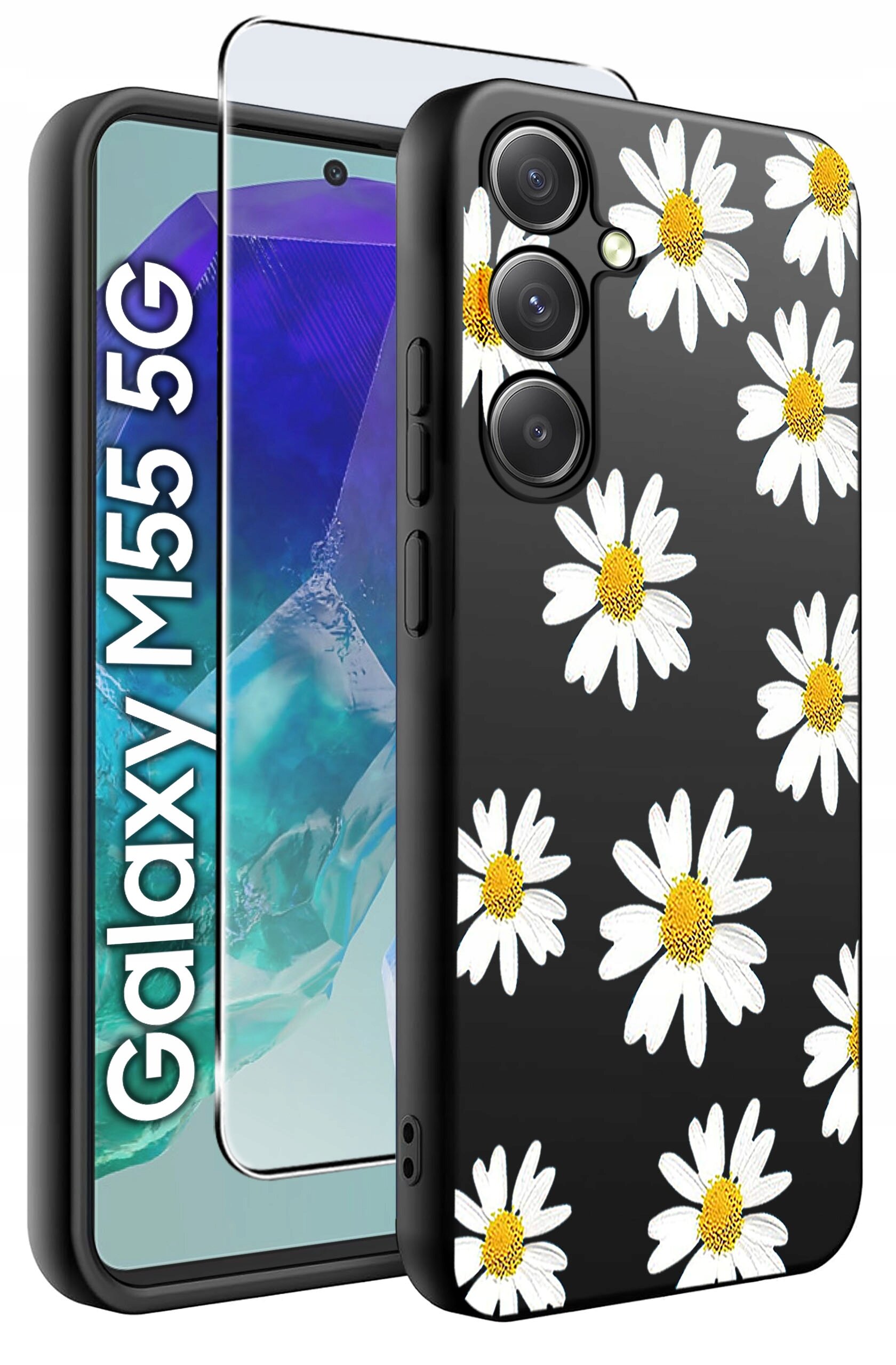 Obraz przedstawia czarne etui na telefon z wzorem białych stokrotek oraz szkło ochronne. Obok widoczny jest telefon z napisem \'Galaxy M55 5G\'.