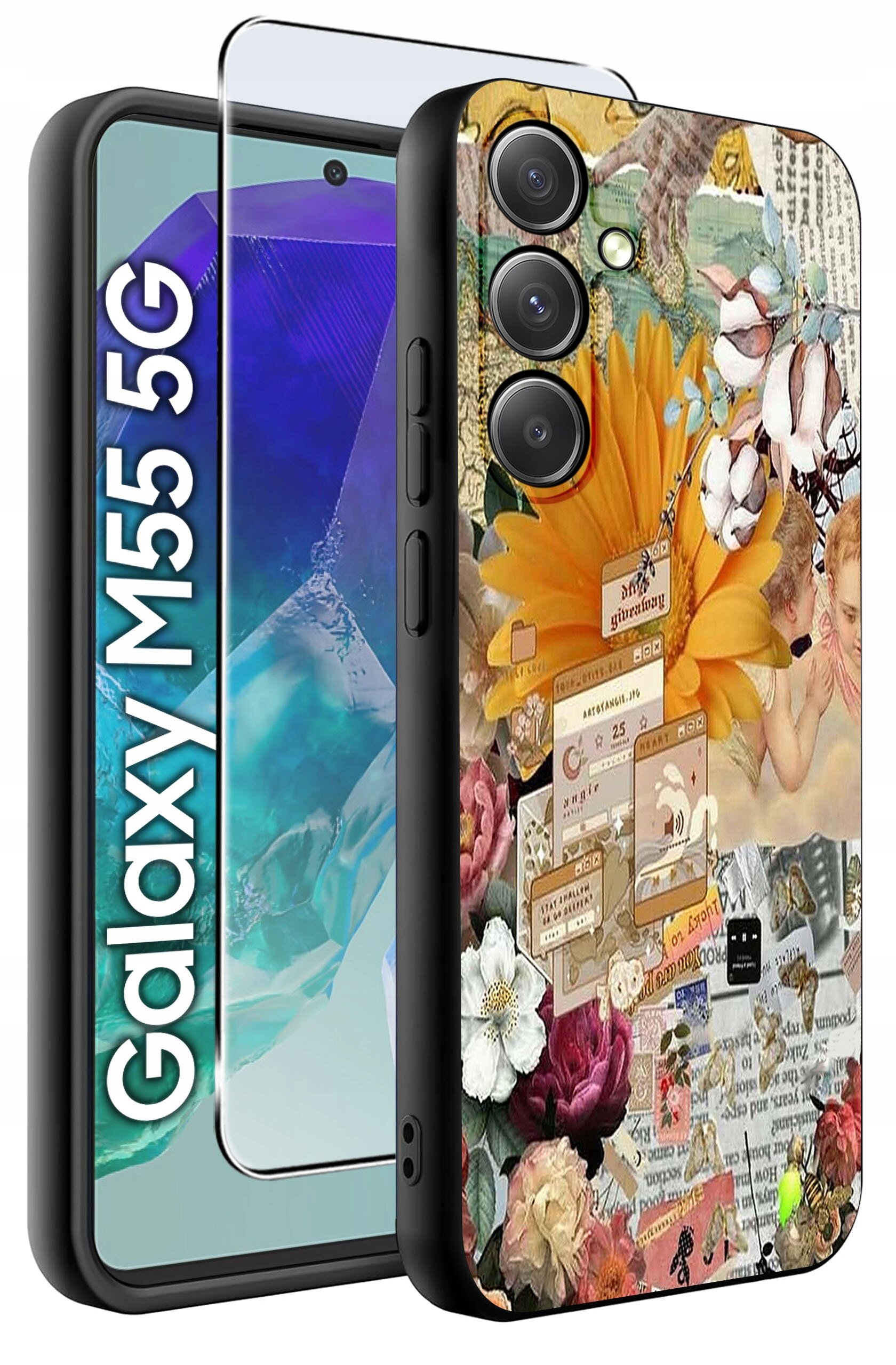 Obraz przedstawia etui na telefon z kolorowym, kwiatowym wzorem oraz szkło ochronne. Obok widoczny jest telefon z napisem \'Galaxy M55 5G\'.