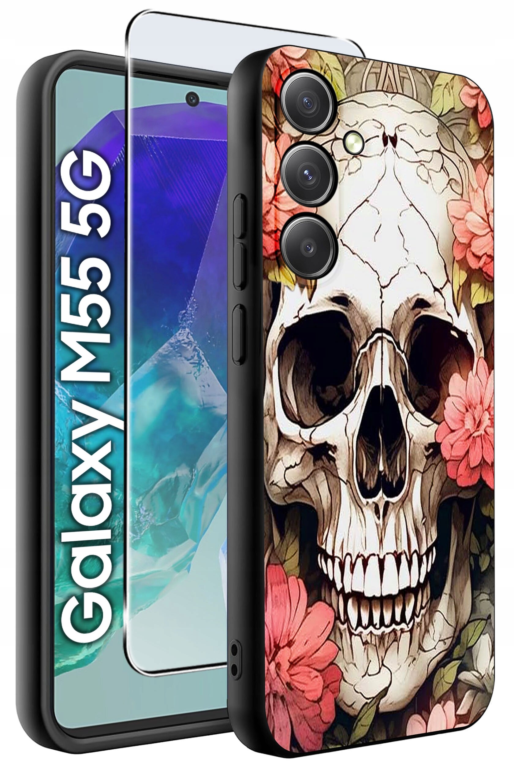 Obraz przedstawia etui na telefon z motywem czaszki otoczonej kwiatami. Obok etui widoczny jest telefon z napisem \'Galaxy M55 5G\' oraz szkło ochronne.