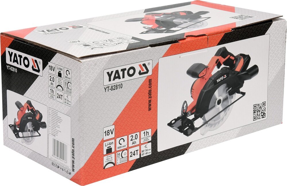 Opakowanie pilarki tarczowej YATO YT-82810 z widocznym zdjęciem produktu i logo YATO. Na opakowaniu znajdują się specyfikacje: 18V, Li-Ion, 2.0 Ah, 1h, 24T, 3900 min, 40-45 mm.