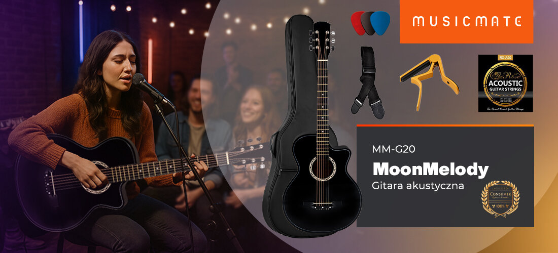 Obraz przedstawia kobietę grającą na czarnej gitarze akustycznej w otoczeniu publiczności. Po prawej stronie widoczne są akcesoria do gitary oraz logo MUSICMATE i napis \'MM-G20 MoonMelody Gitara akustyczna\'.