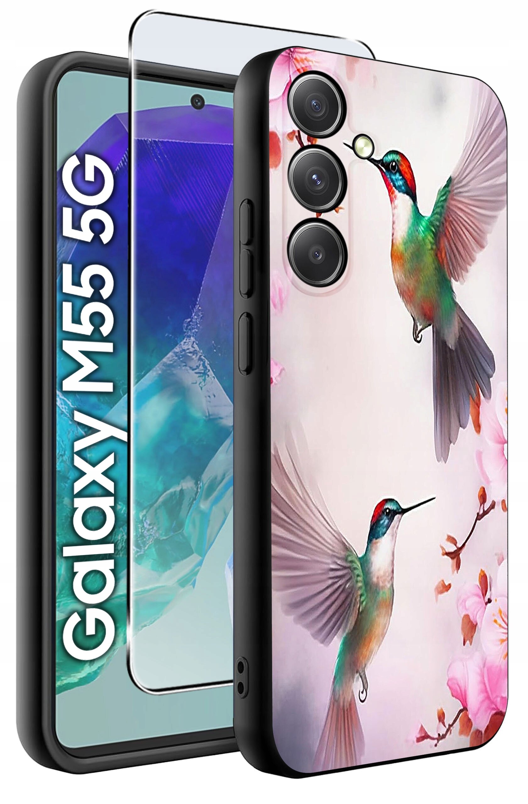 Etui na telefon z kolorowym wzorem kolibrów i kwiatów, obok którego znajduje się szkło ochronne. Widoczny napis: \'Galaxy M55 5G\'.