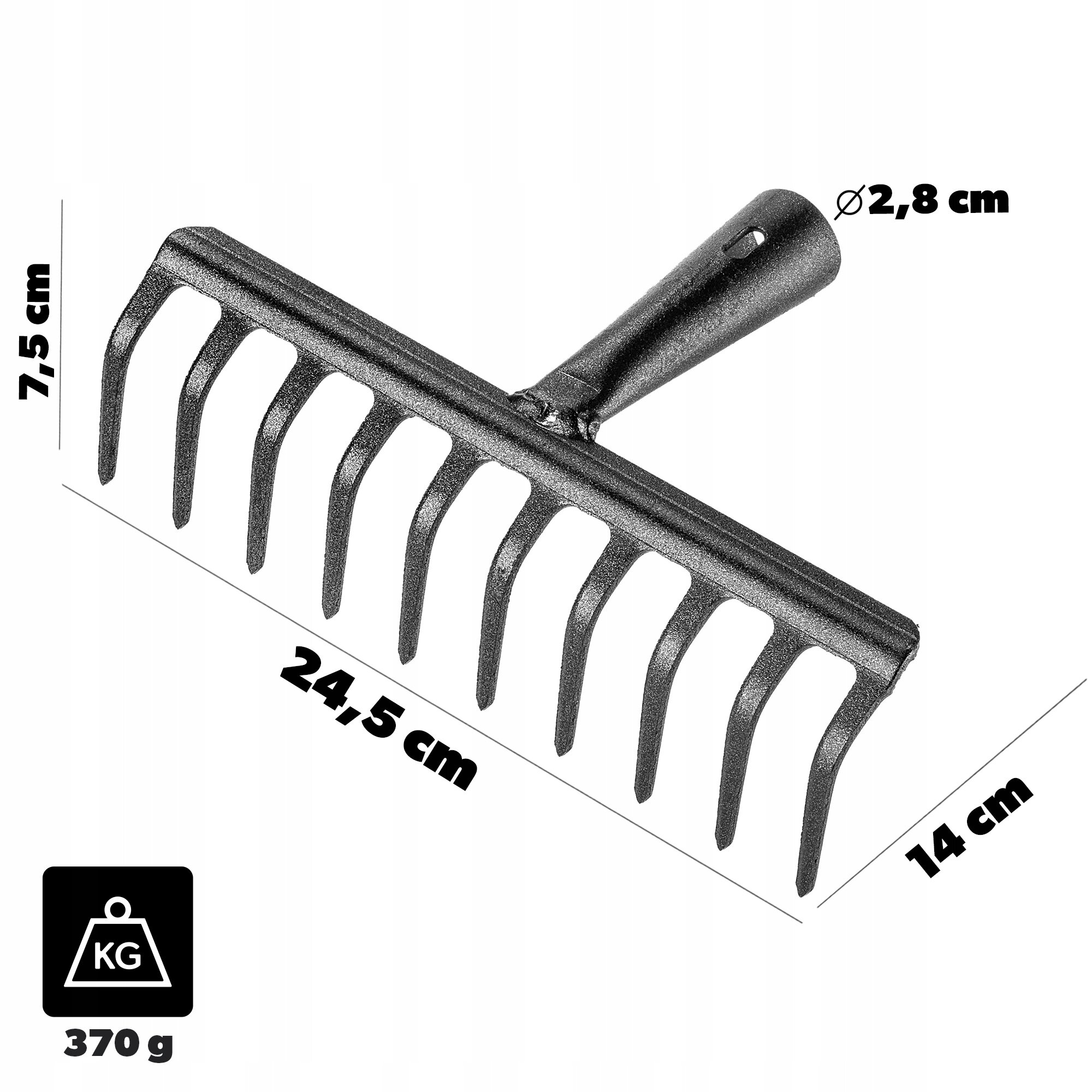 Obraz przedstawia stalowe grabie ogrodowe z dziesięcioma zębami, bez trzonka. Wymiary to 24,5 cm szerokości, 7,5 cm wysokości, 14 cm długości, średnica otworu wynosi 2,8 cm, a waga 370 g.