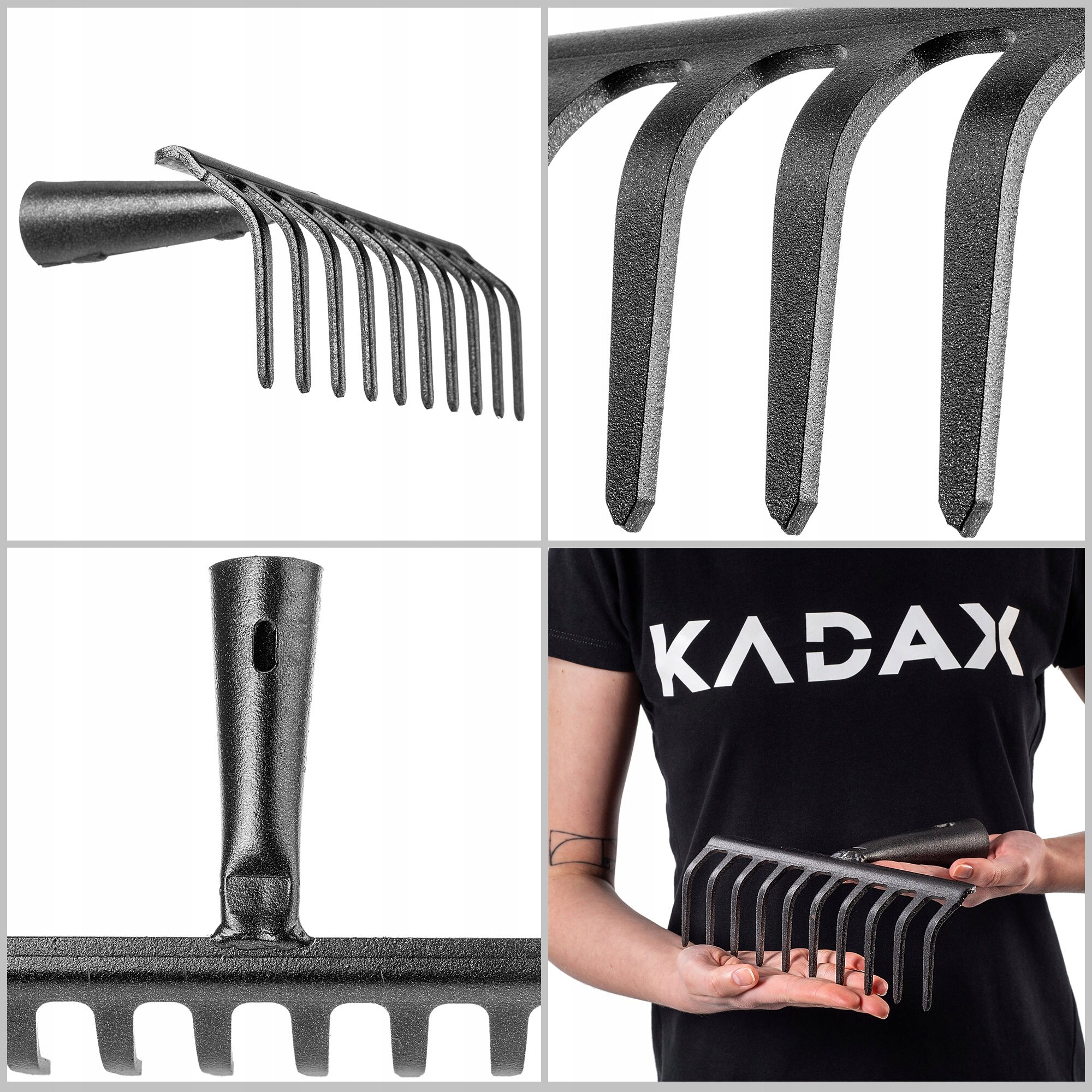 Obraz przedstawia stalowe grabie do liści z dziesięcioma zębami, bez trzonka. Widoczne jest logo \'KADAX\' na koszulce osoby trzymającej grabie.