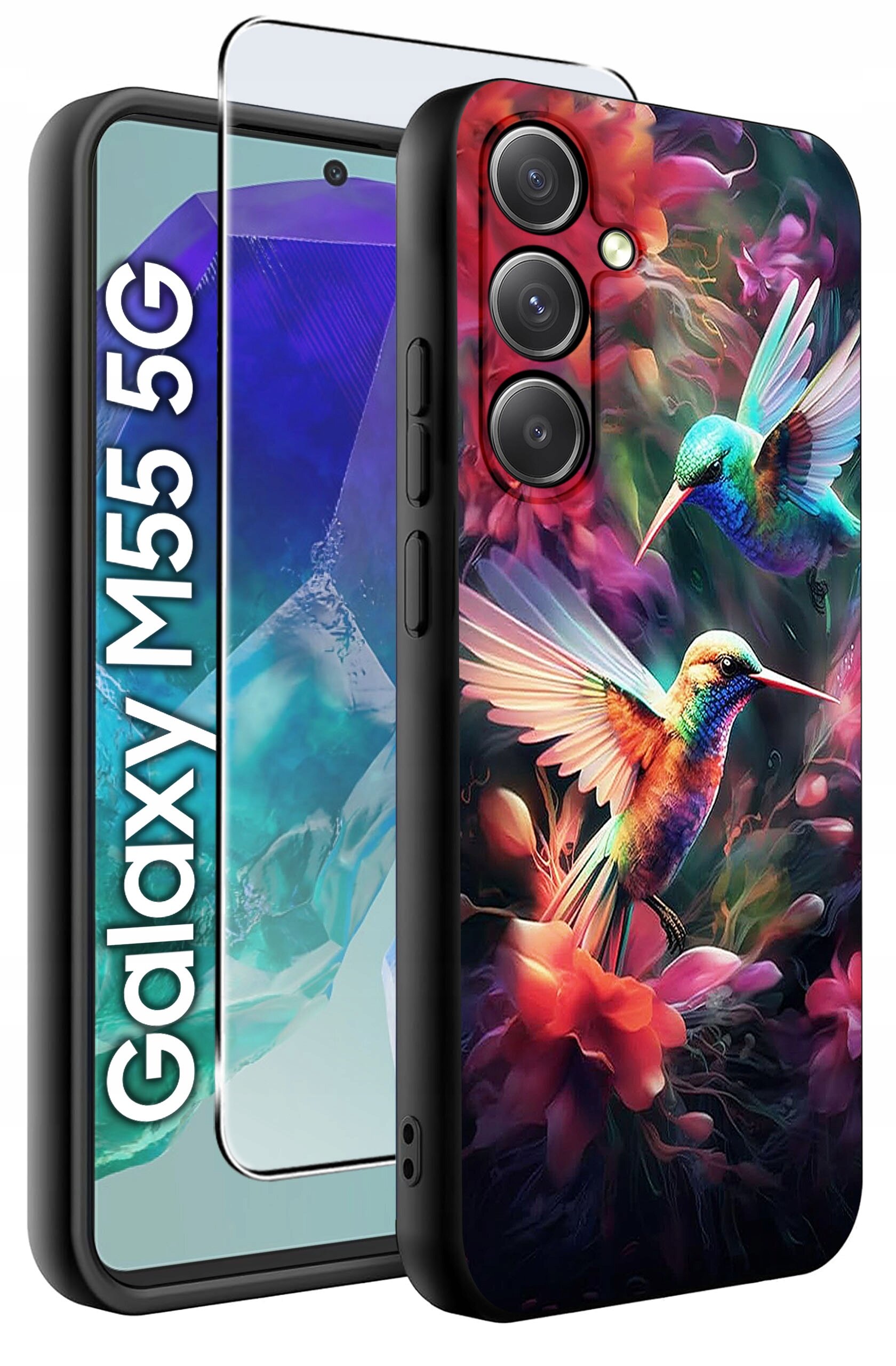 Etui na telefon z kolorowym wzorem przedstawiającym dwa kolibry wśród kwiatów, obok widoczny jest napis \'Galaxy M55 5G\'.