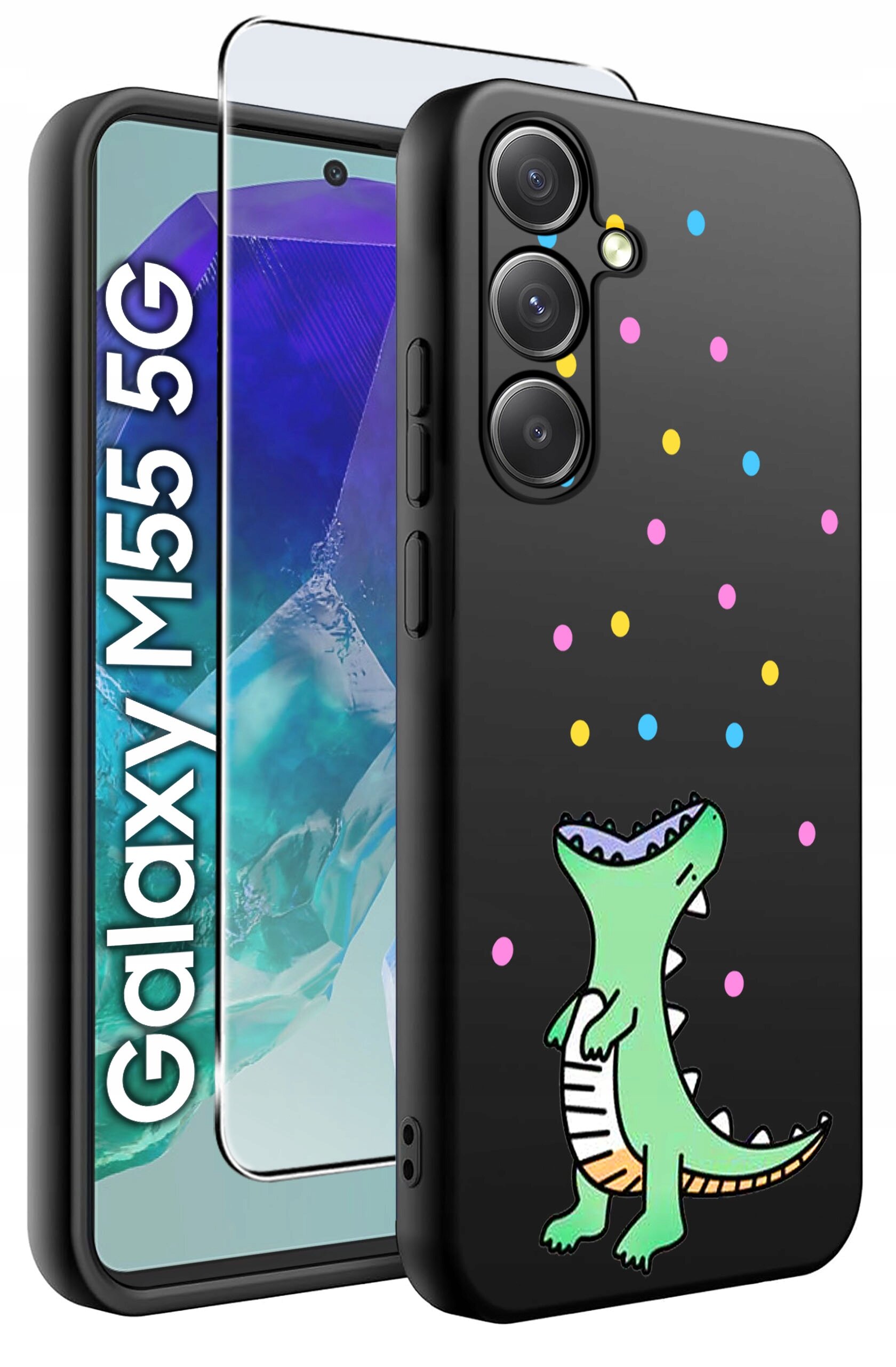 Na obrazie widoczne jest czarne etui z kolorowym wzorem przedstawiającym zielonego dinozaura i kolorowe kropki. Obok etui znajduje się telefon z napisem \'Galaxy M55 5G\' oraz szkło ochronne.