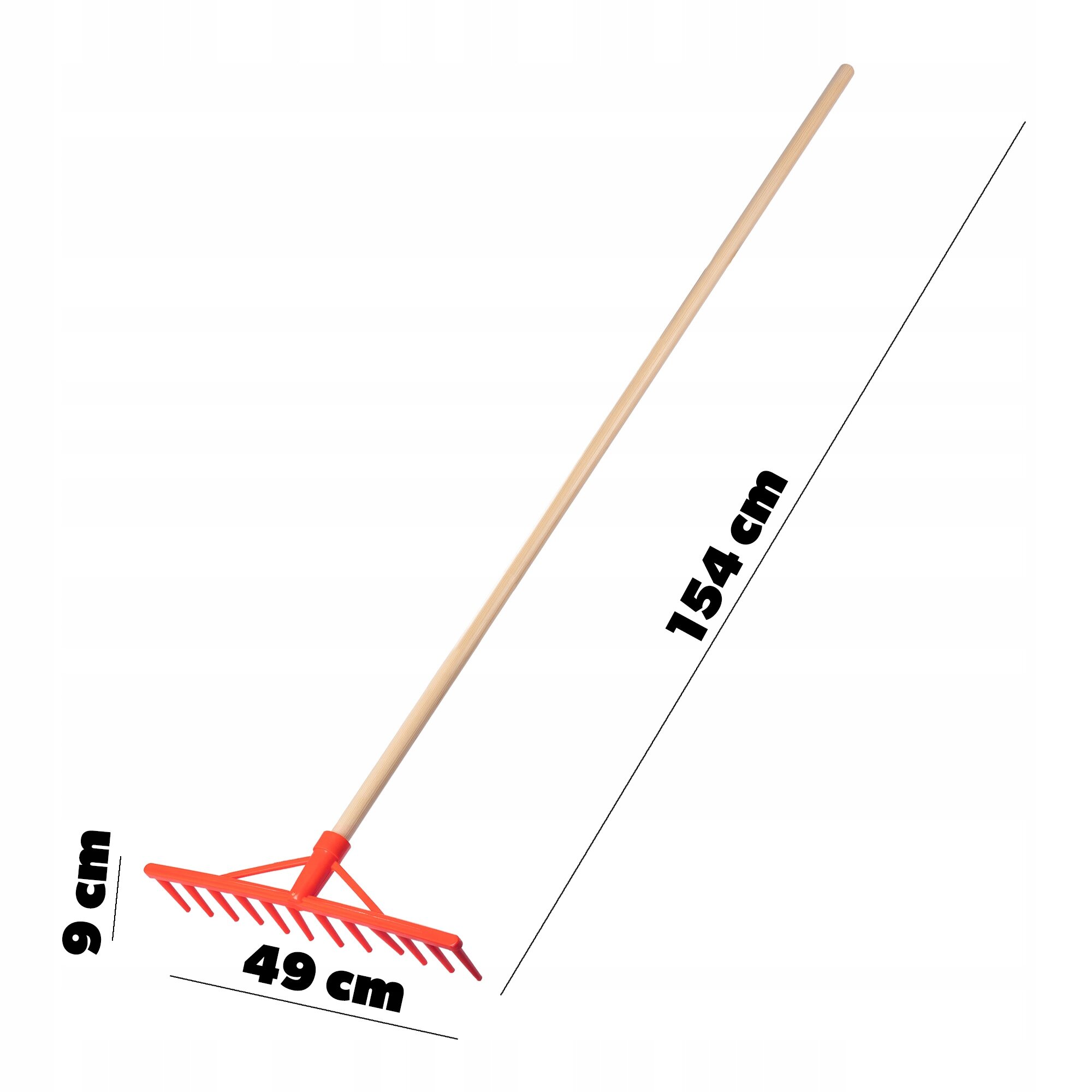 Na obrazie widoczne są grabie ogrodowe z drewnianym trzonkiem o długości 154 cm i czerwonymi zębami o szerokości 49 cm oraz wysokości 9 cm.