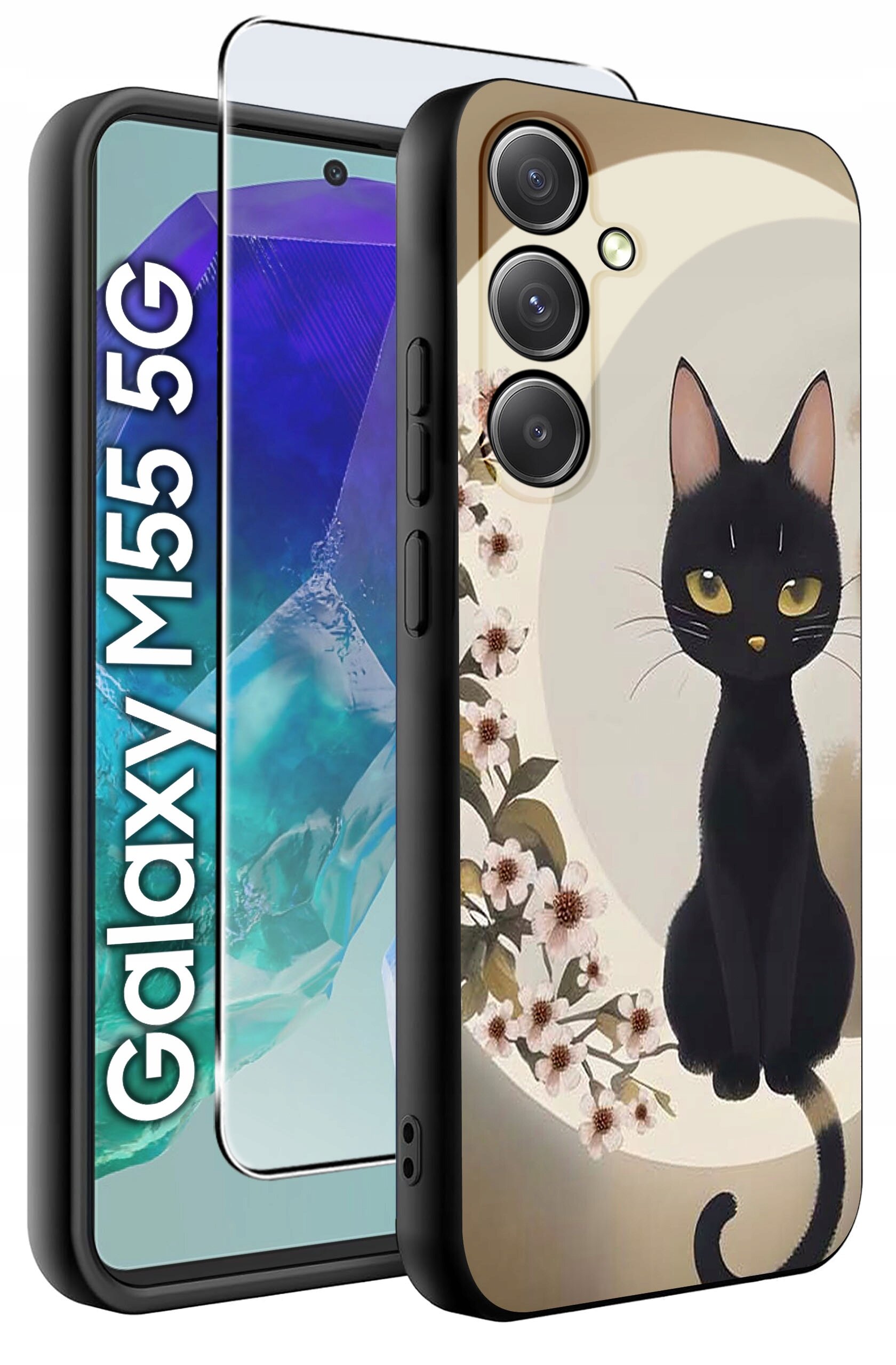 Obraz przedstawia etui na telefon z grafiką czarnego kota na tle kwiatów. Obok widoczny jest telefon z napisem \'Galaxy M55 5G\'.