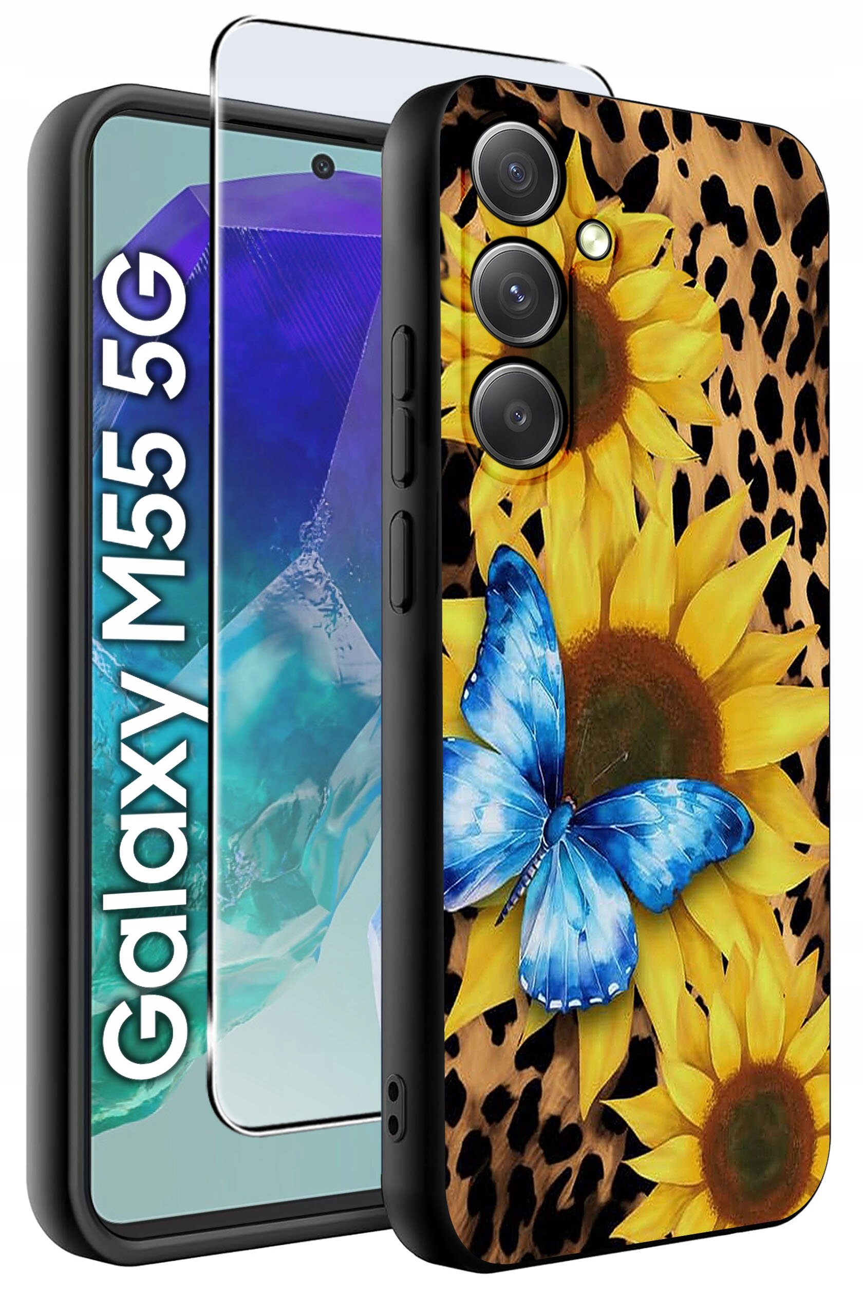 Etui na telefon z motywem słoneczników i niebieskiego motyla na tle w cętki, obok widoczna jest szybka ochronna. Na ekranie telefonu widoczny jest napis \'Galaxy M55 5G\'.