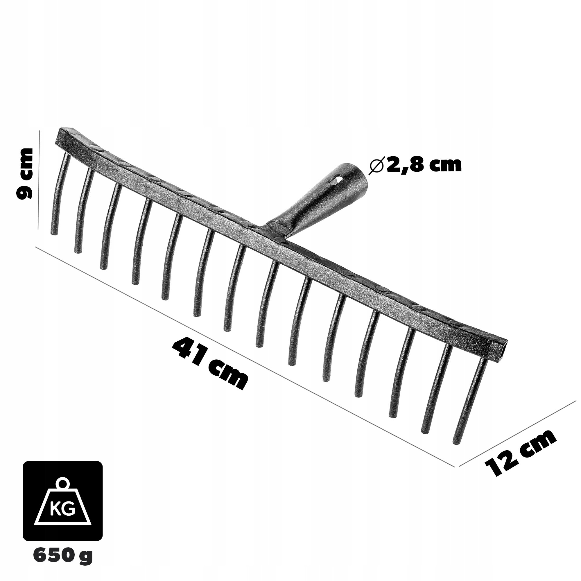 Obraz przedstawia stalowe grabie ogrodowe z 14 zębami, bez trzonka. Wymiary to 41 cm szerokości, 12 cm głębokości, 9 cm wysokości, średnica otworu na trzonek wynosi 2,8 cm, a waga to 650 g.